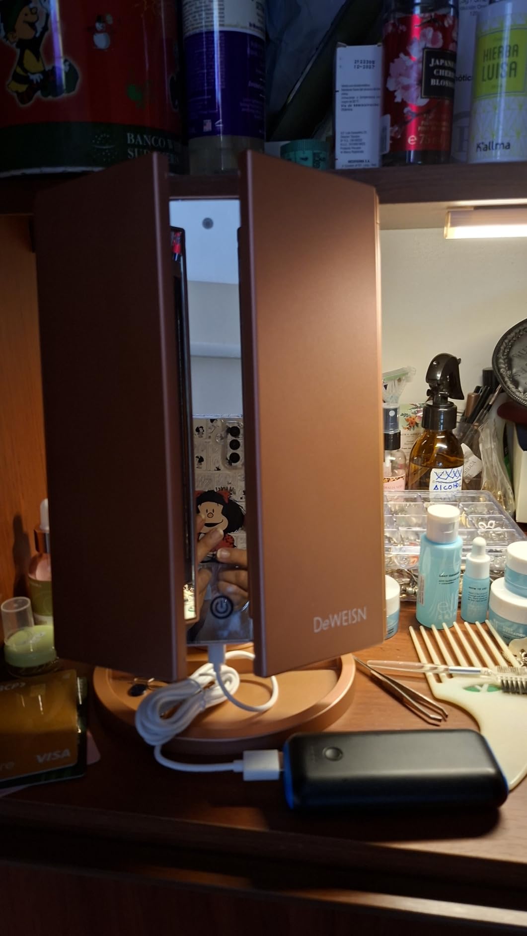 deweisn Dresser Mount Tri-Fold Lighted Vanity Mirror with 21 LED Lights, Touch Screen and 3X/2X/1X Magnification, Two Power Supply Modes Make Up Mirror,Travel Mirror customer photo 1