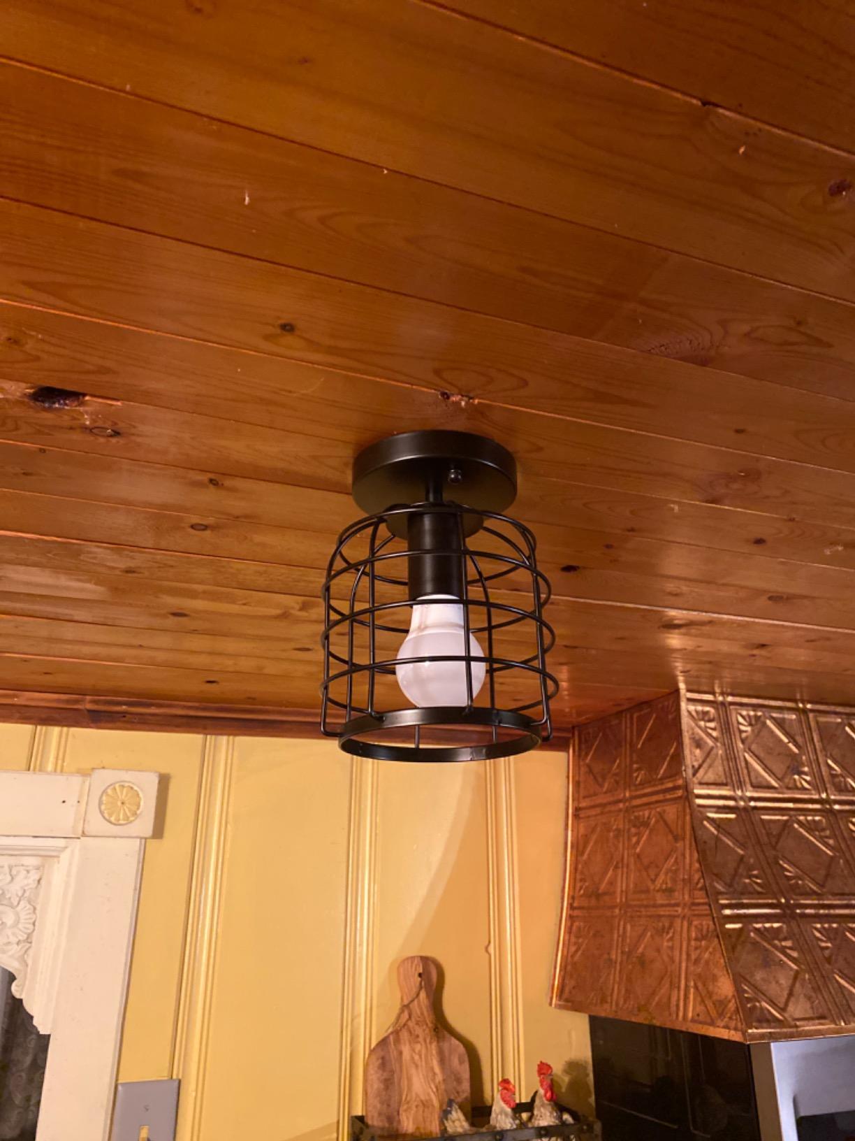 Create For Life® Industrial Vintage Flush Mount Ceiling Light,Rustic Metal Cage Pendant Lighting Lamp Fixture for Hallway Stairway Kitchen Garage, E26, Black Painting Finish customer photo 2