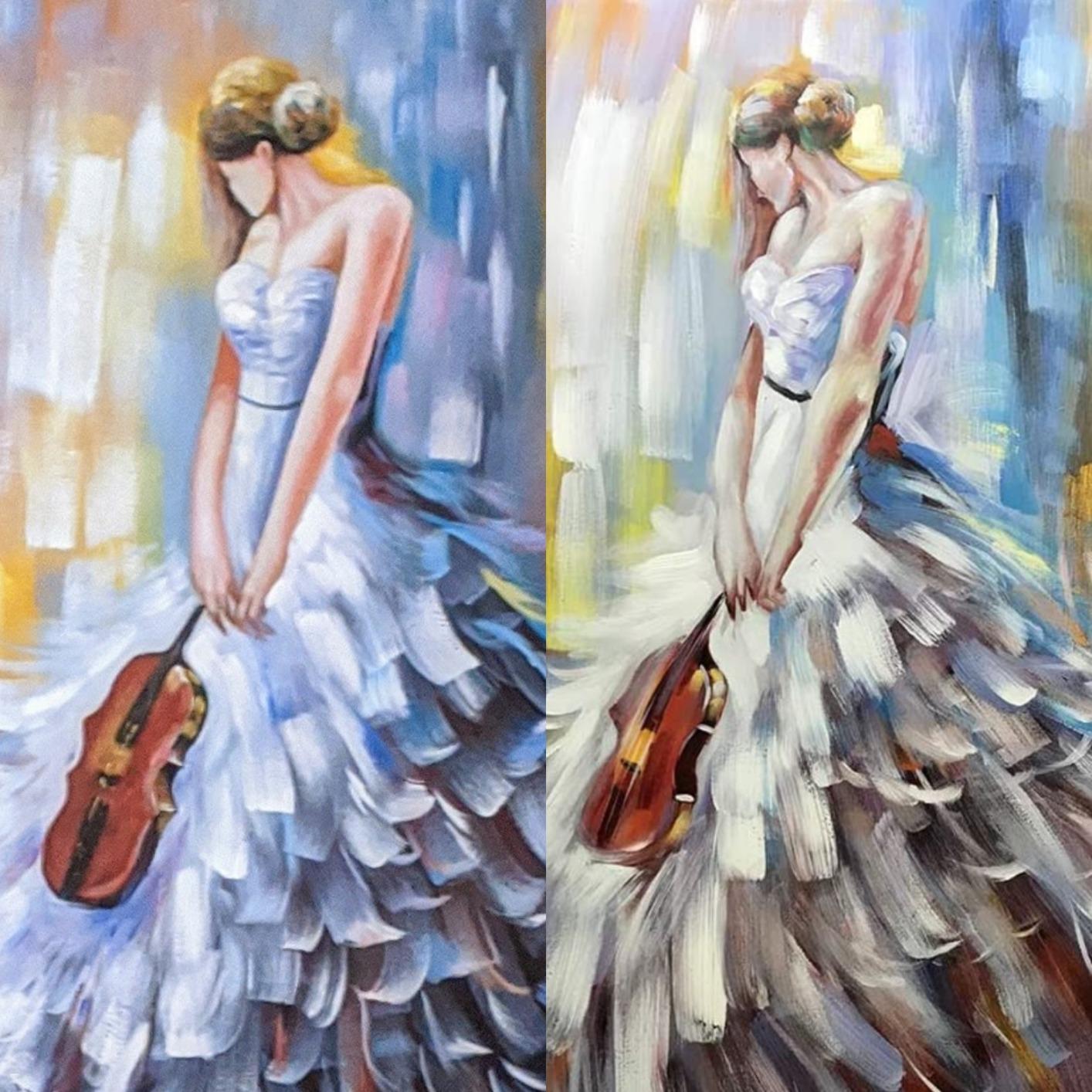 V-inspire Art, 32x48 Inch Vintage Abstract Artwork Elegant Violin Girl 100% Hand-Painted Oil Paintings on Acrylic Canvas Wall Art Home Wall Décor Stretched Frame Ready to Hang customer photo 2