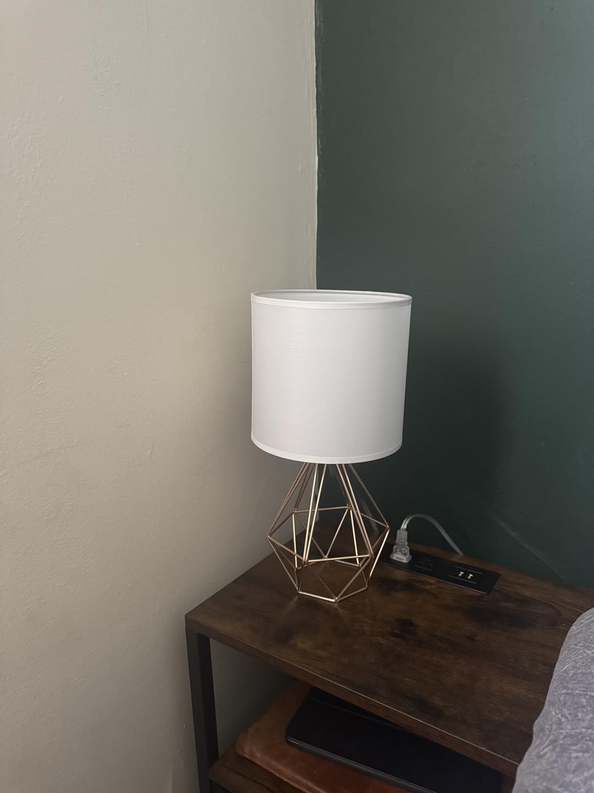 Gold Modern Hollow Out Base Bedroom Small Table Lamp,Bedside Nightstand Lamp with Geometric Metal Base White Fabric Shade,Cute Desk Lamp for Kids Living Room customer photo 1