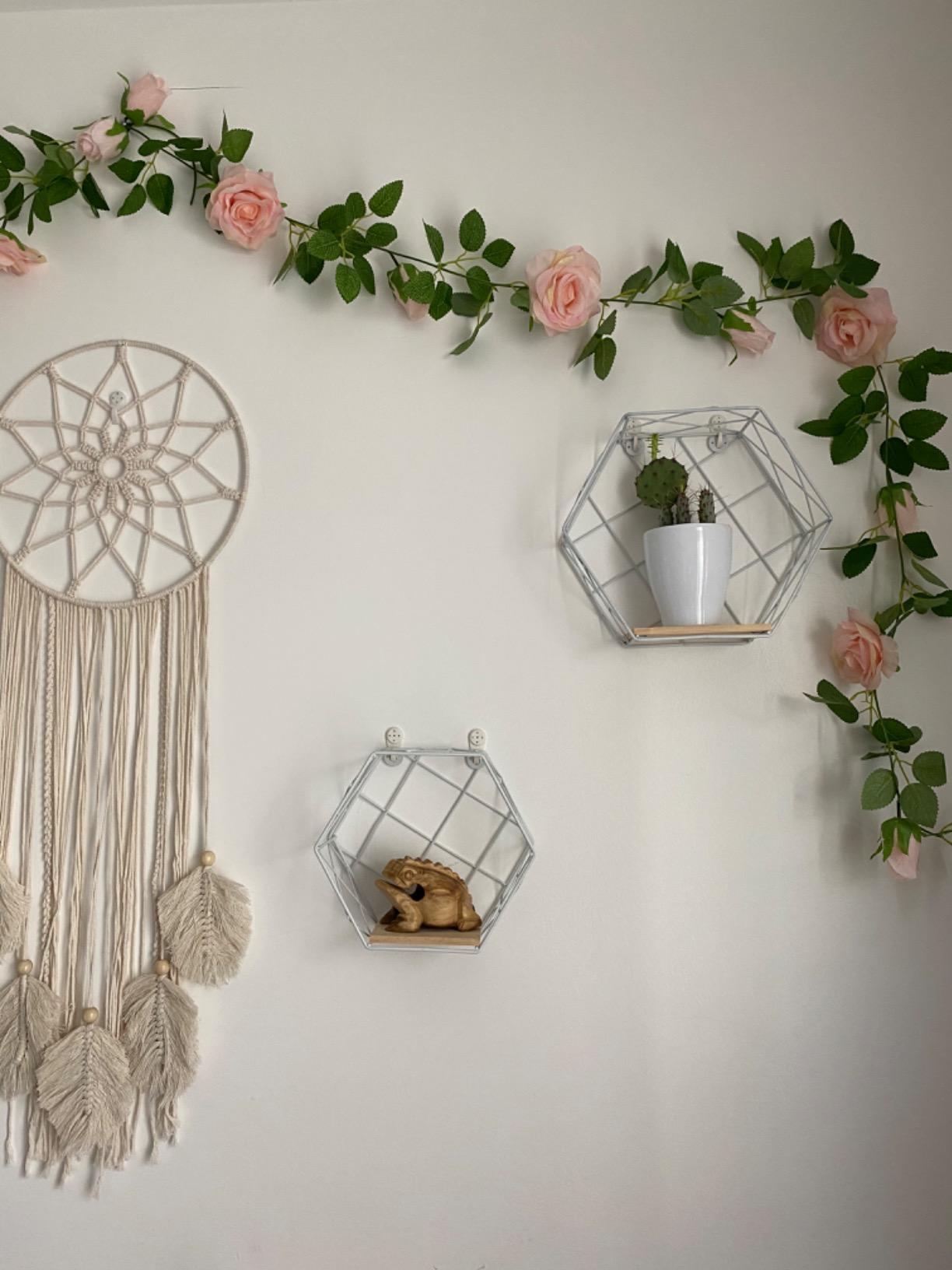 Floating Shelves Wall Mounted Metal Wire Art Hexagon Shelves with Solid Wood Board for Plant Display, Storage Rack & Organiser, Home Decoration Wall Shelf Set of 2 (Gold, Stripes) customer photo 1