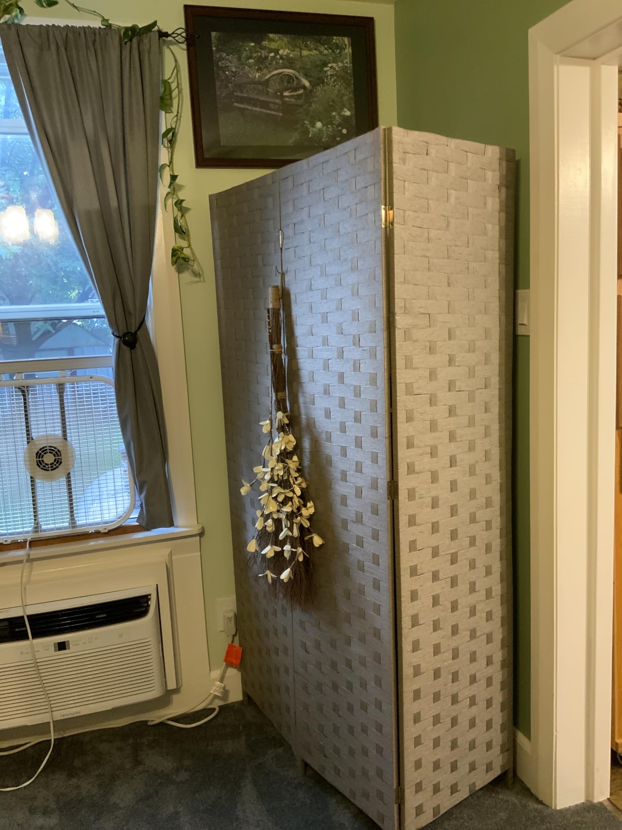 6 Panel Folding Room Divider,Woven Privacy Screen,Light Beige customer photo 2