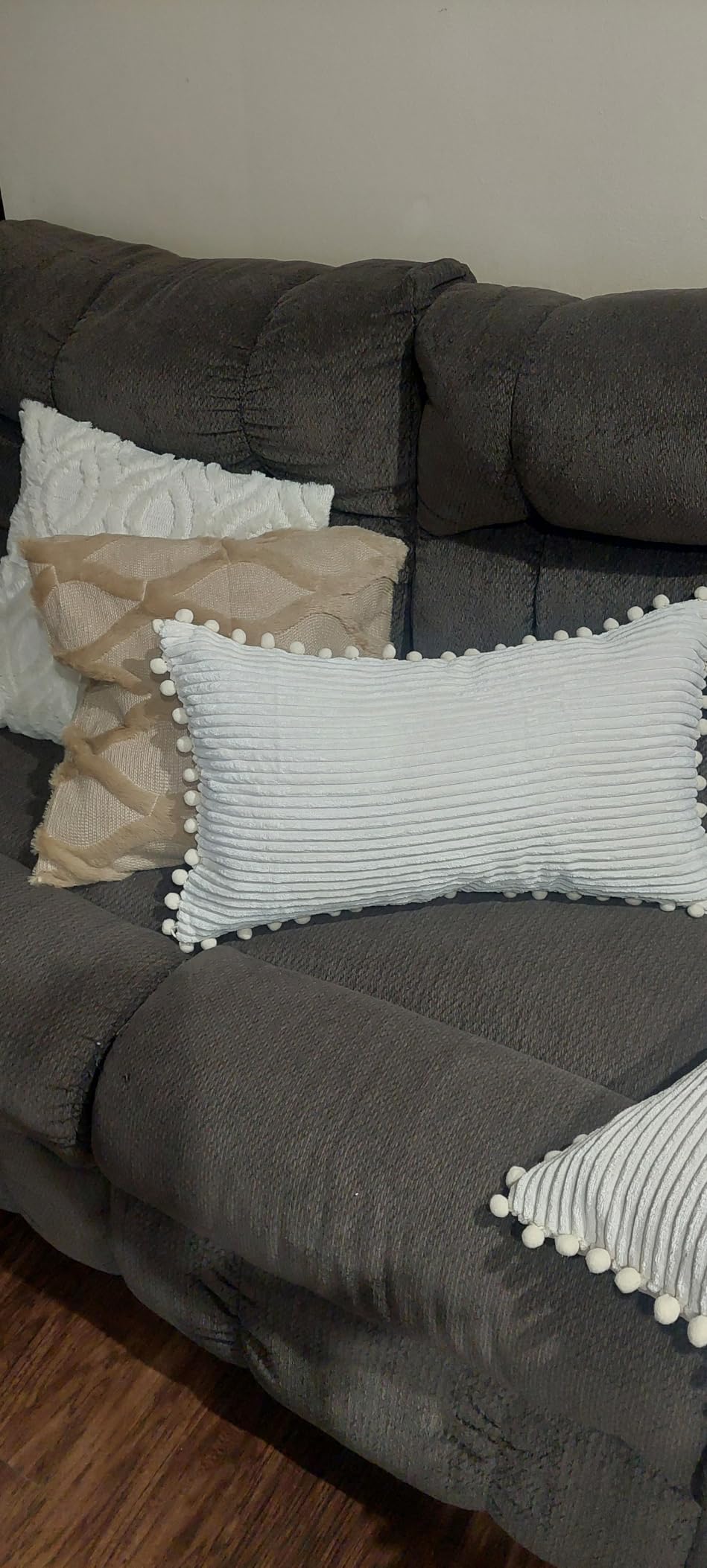 Fancy Homi Pack of 2 Boho Decorative Throw Pillow Covers with Pom-poms, Soft Corduroy Accent Solid Square Cushion Case Set for Couch Sofa Bedroom Car Living Room (18x18 Inch/45x45 cm, Cream) customer photo 2