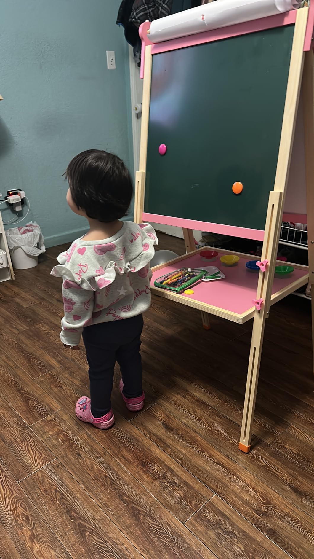 YOHOOLYO Kids Easel Wooden Children Art Easel Paper Roll,Double Sided Magnetic Whiteboard Chalkboard Dry Eraser Adjustable Height for Boys Girls Gifts customer photo 2