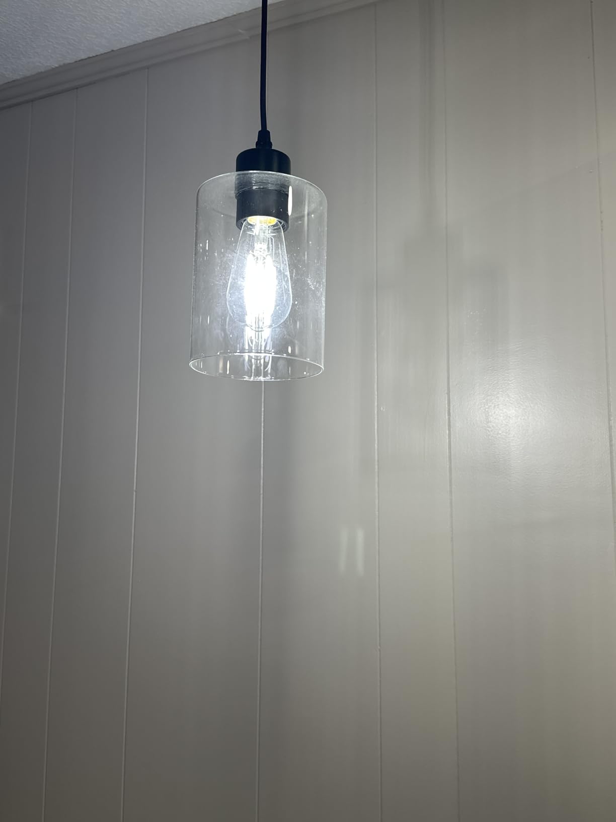 Modern Black Farmhouse Clear Glass Cylinder Pendant Light Fixture,Island Lights for Kitchen,Mini Pendant Lighting for Kitchen Island Decor - 4.75 Inch Shade 58 Inch Cord (Black 2 Pack) customer photo 1