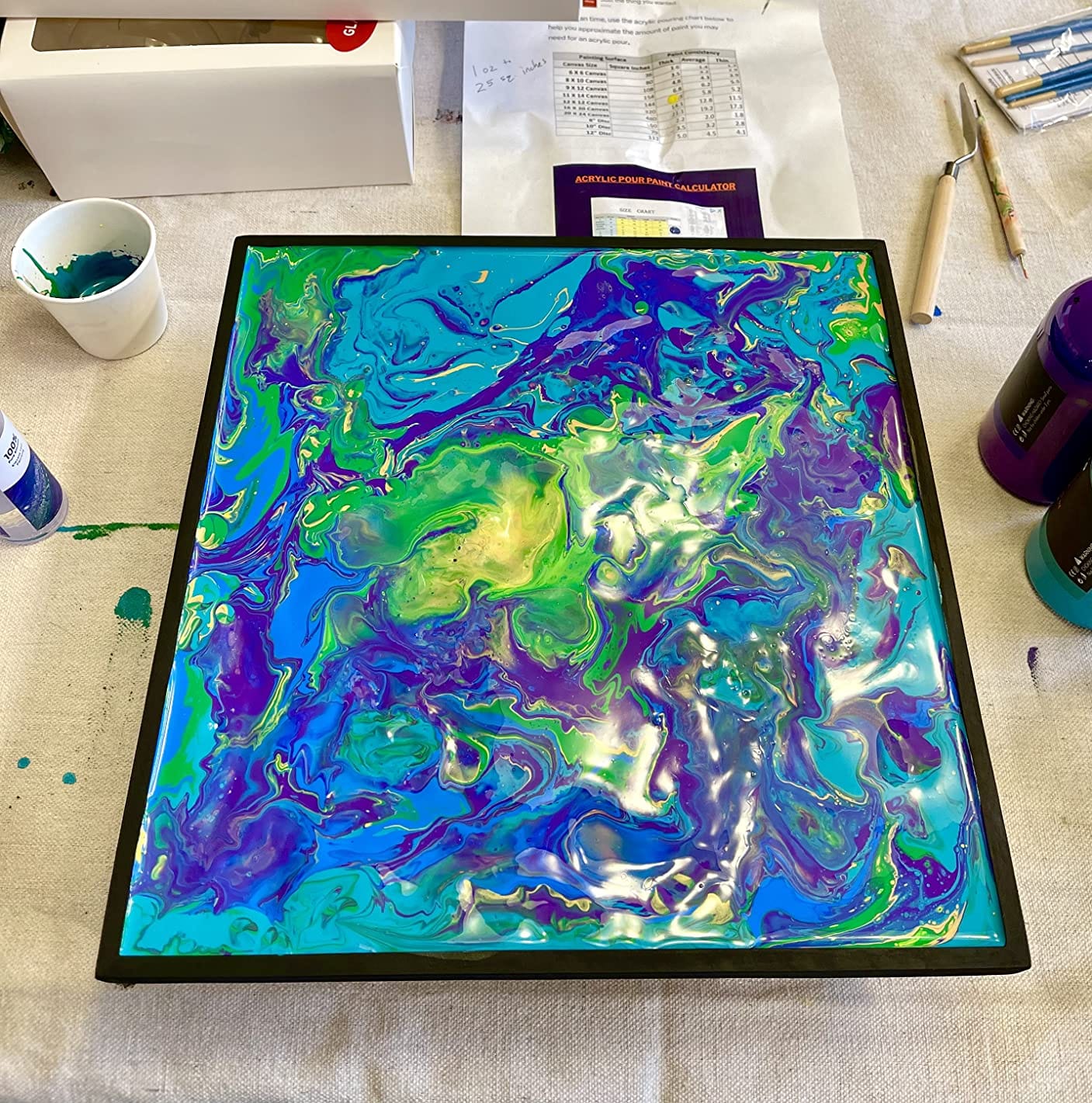 Nicpro 14 Colors 8.45oz Acrylic Pour Paint Supplies Kit, Large Volume Premixed High Flow Painting Bulk Set with Canvas, Wood Natural Slices, Pouring Oil, Tools Gloves, Strainer, Cups for Beginner DIY customer photo 2