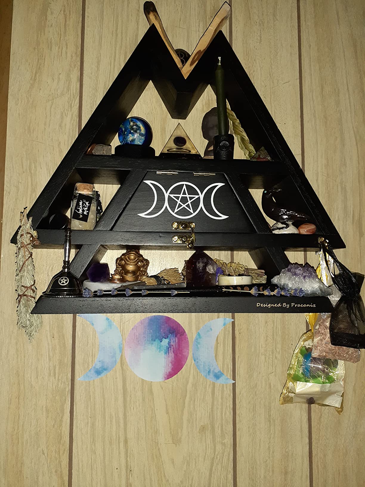 Pracaniz Crystal Shelf with Flap Drawer&Hooks for Wall&Desktop, Crystal Holder as Witchy Room Decor,Moon Phase Triangle Shelf,Witchy Decor&Moon Decor for Bedroom. customer photo 1