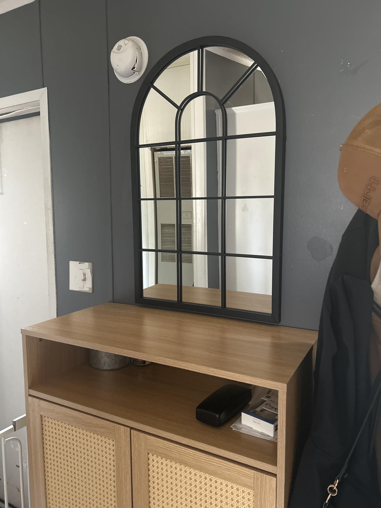 HQiJun Black Arched Window Mirror, Farmhouse Decorative Wall Mirrors for Living Room, Bedroom, Entryway, Bathroom Vanity, Fireplace Mantel, Window Pane Mirror Wall Decor (Black, 31.5 x 20 x1) customer photo 2