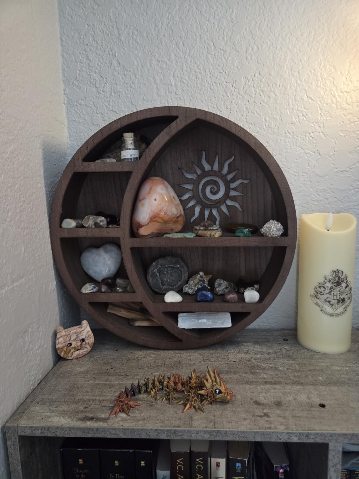 Wooden Crescent Moon Shelf Wall Decor — Aesthetic Floating Crystal Display Holder & Hanging Wall Organizer for Bedroom, Dorm & Spiritual Room Decor | 14