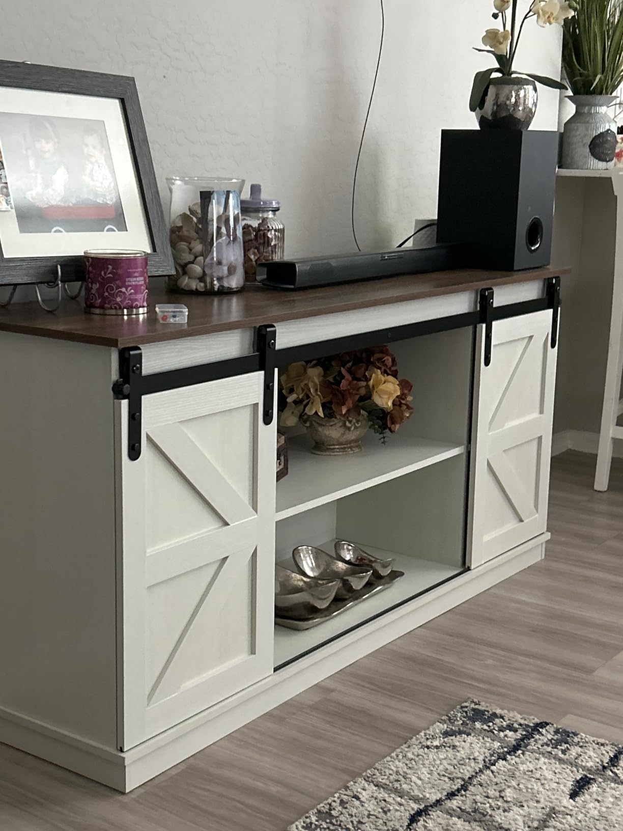JUMMICO TV Stand for 65 Inch TV, Sliding Barn Doors, Bright White customer photo 1