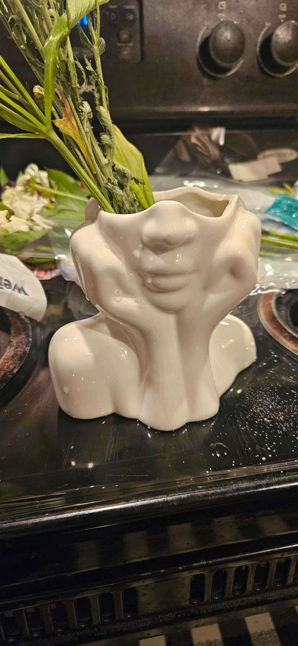 Ceramic Face Vase, White Flower Vases for Decor Female Form Head Half Body Vase Boho Unique Decorative Modern Style for Home Living Room Office Book Shelf (Medium) customer photo 1