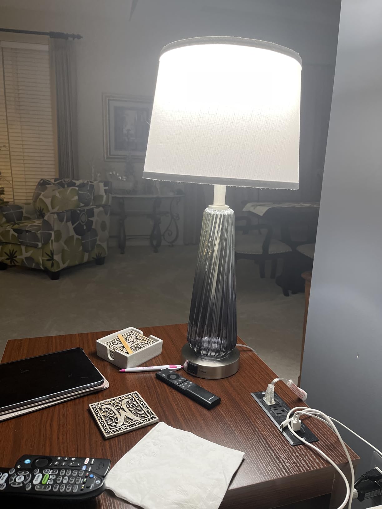 Glass Table Lamps for Living Room, Modern Bedside Lamps with USB A+C Ports, 3-Way Dimmable Touch Control Nightstand Lamp with White Linen Shade, 27.5