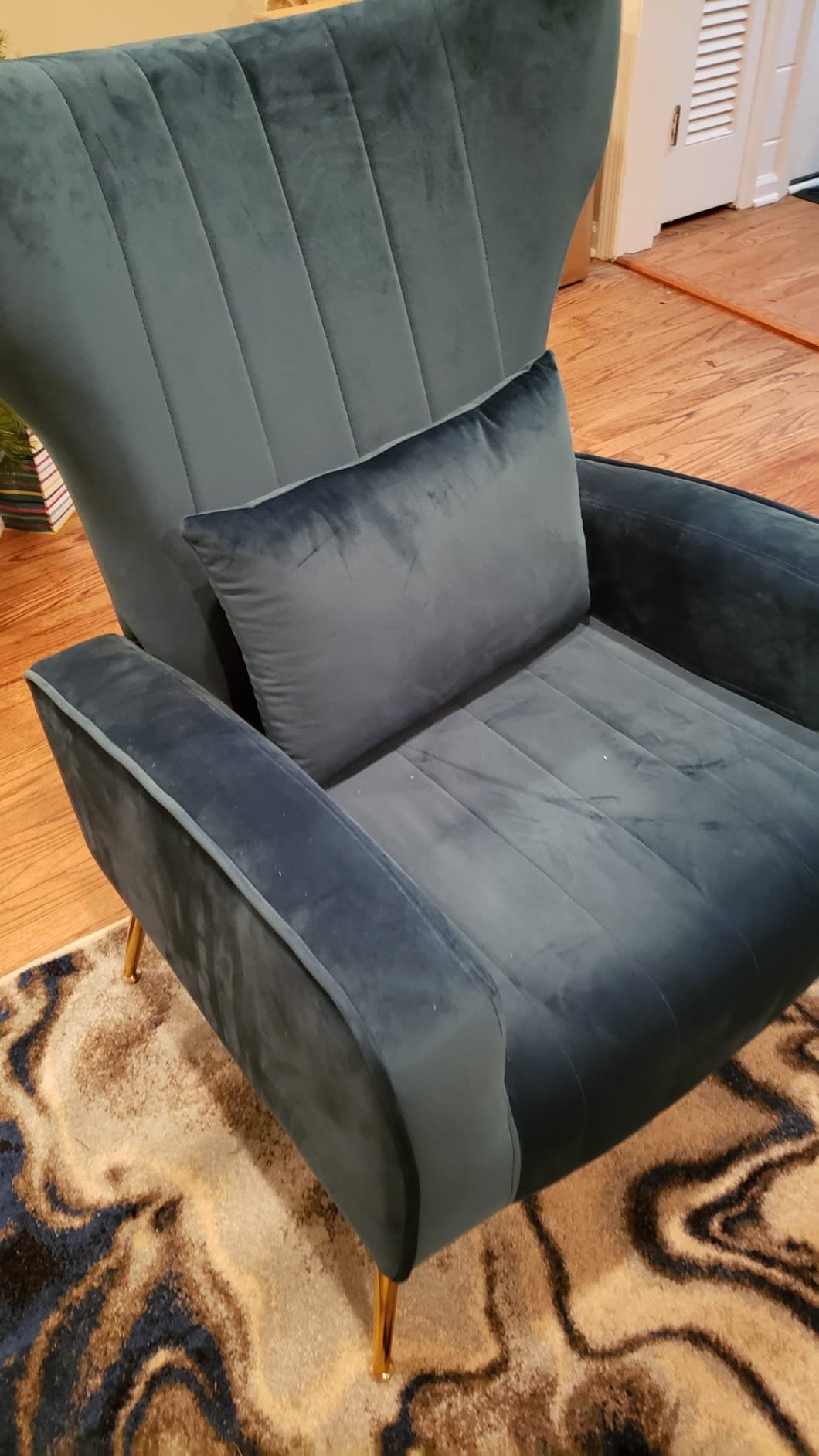 Modern Velvet Accent Chair for Living Room Bedroom, Wingback Chair with Arm & Gold Legs, Guest Reception Side Chair with Lumbar Pillow, Channel Tufted, Green customer photo 2
