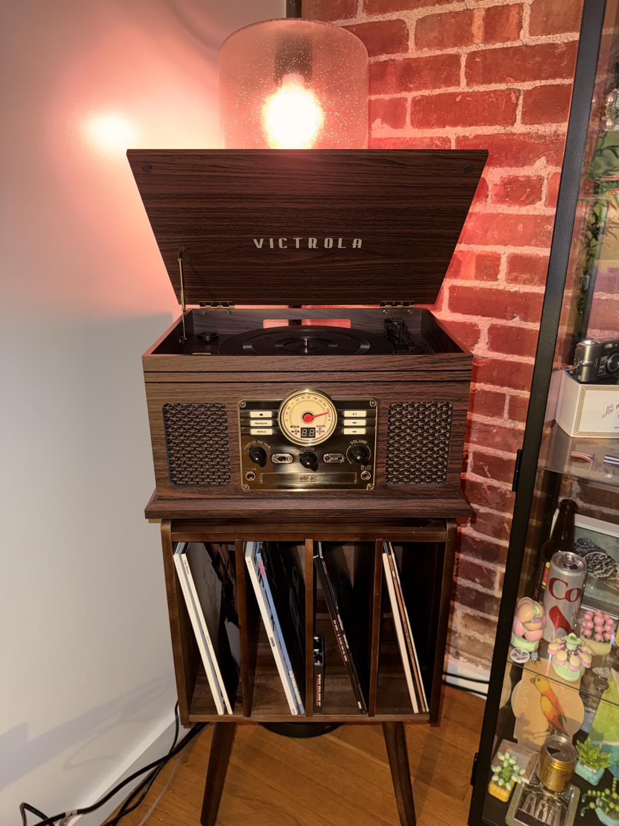 2BHOME Wooden LP Record Player Stand with 4 Cabinets, Holds up to 100 Vinyls, Metal Record Storage Holder and Organizer Table, Classical Design for Files/Book (Mid-Century Modern) customer photo 1