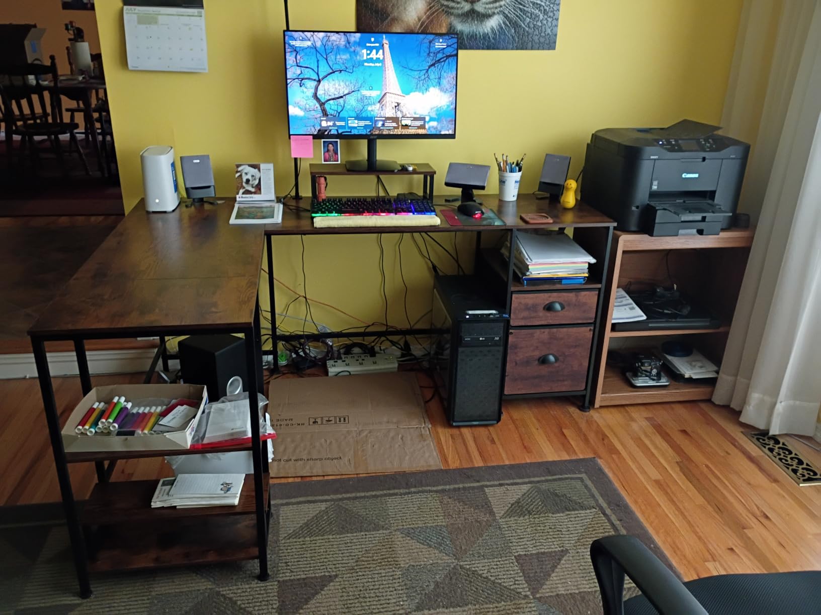 Furologee 66'' L Shaped Desk with Power Outlet and 2 Drawers, Rustic Brown customer photo 2