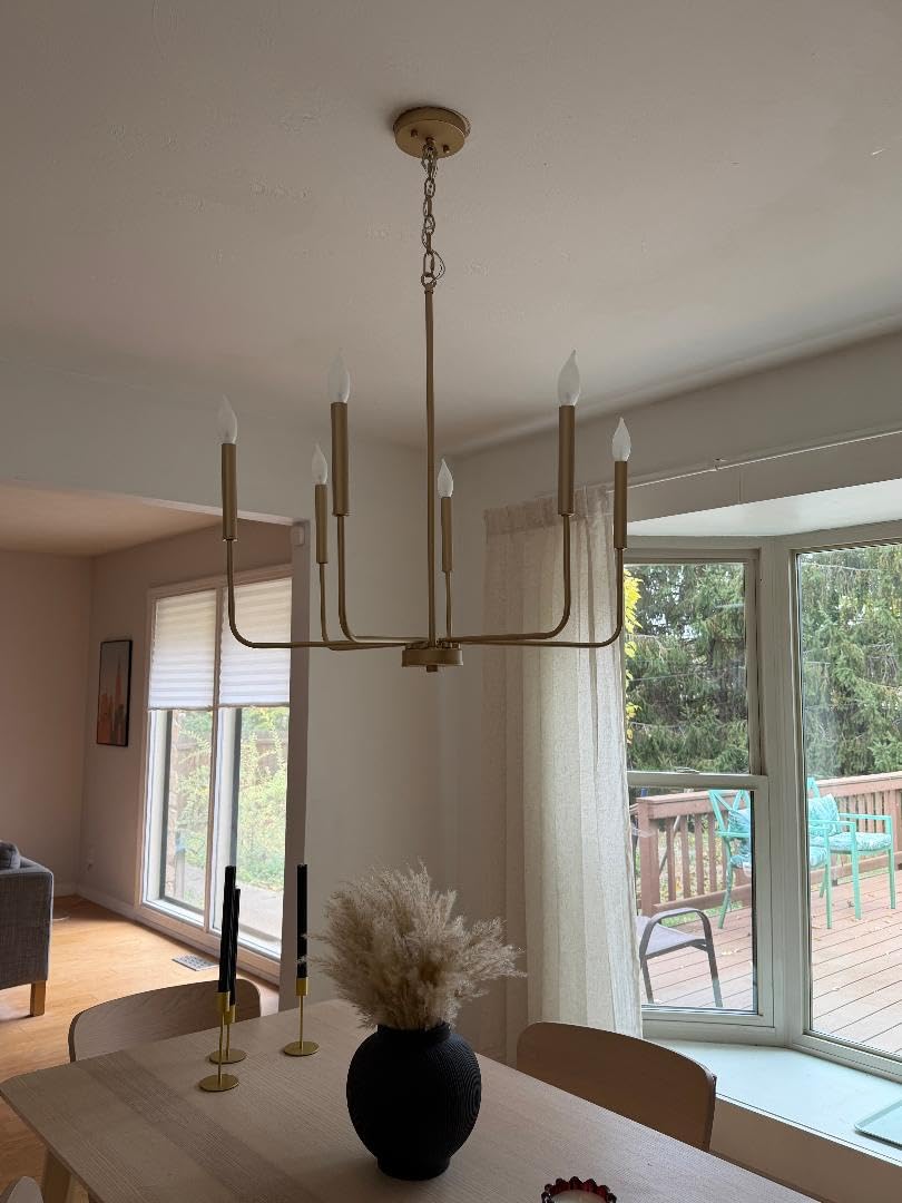Modern Gold Chandelier for Dining Room,Metal 6-Light Kitchen Light Fixtures,Farmhouse Candle Hanging Pendant Light for Living Room Entryway Foyer Bedroom (Bulb Not Included) customer photo 2