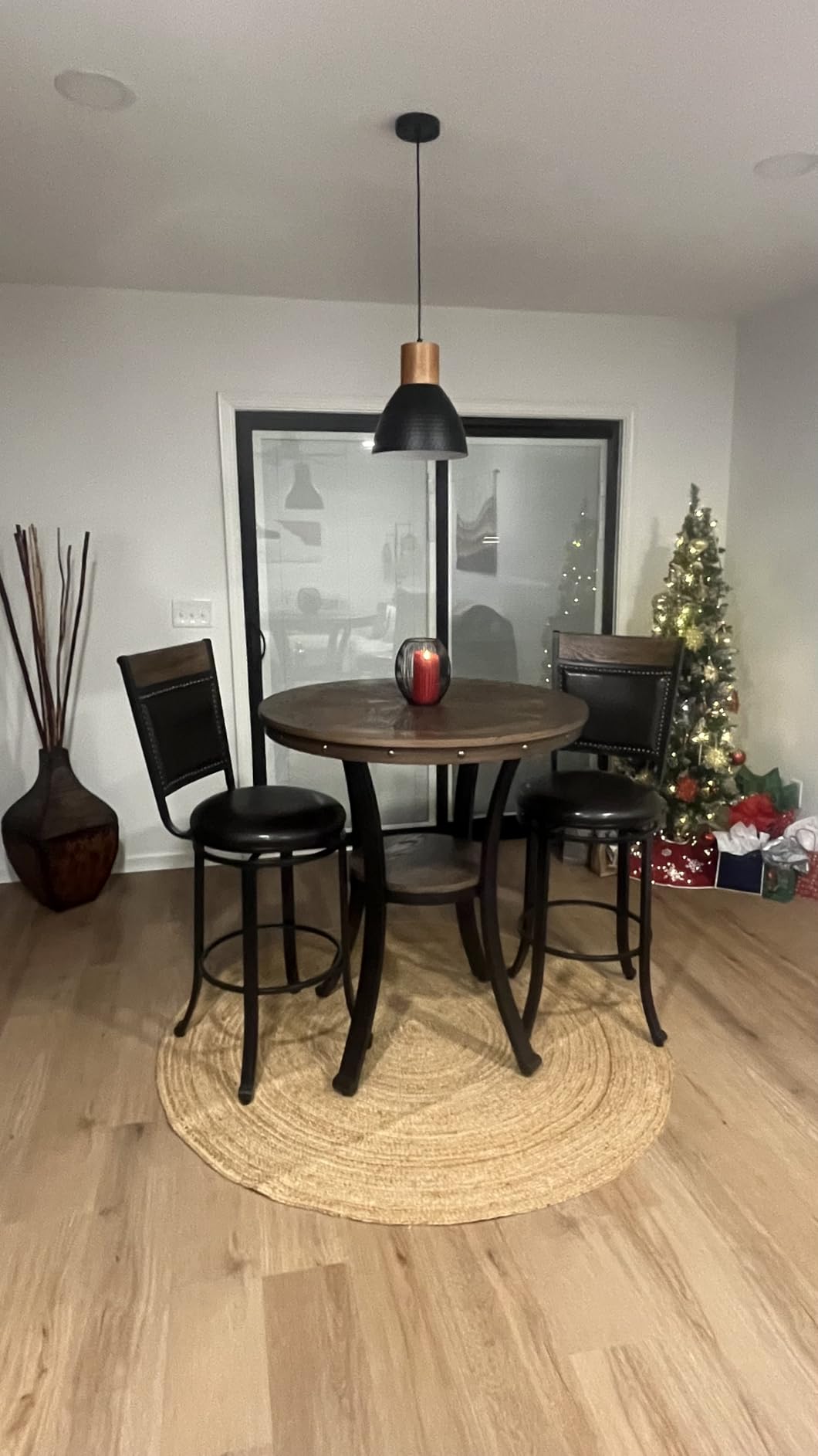 ELYONA 2 Pack Hammered Pendant Lights, 10.2” Industrial Metal Solid Wood Hanging Lamp, Modern Island Pendant Light Fixtures for Kitchen Bar, Farmhouse Dining Room, Bedroom, Living Room, Office, Black customer photo 1