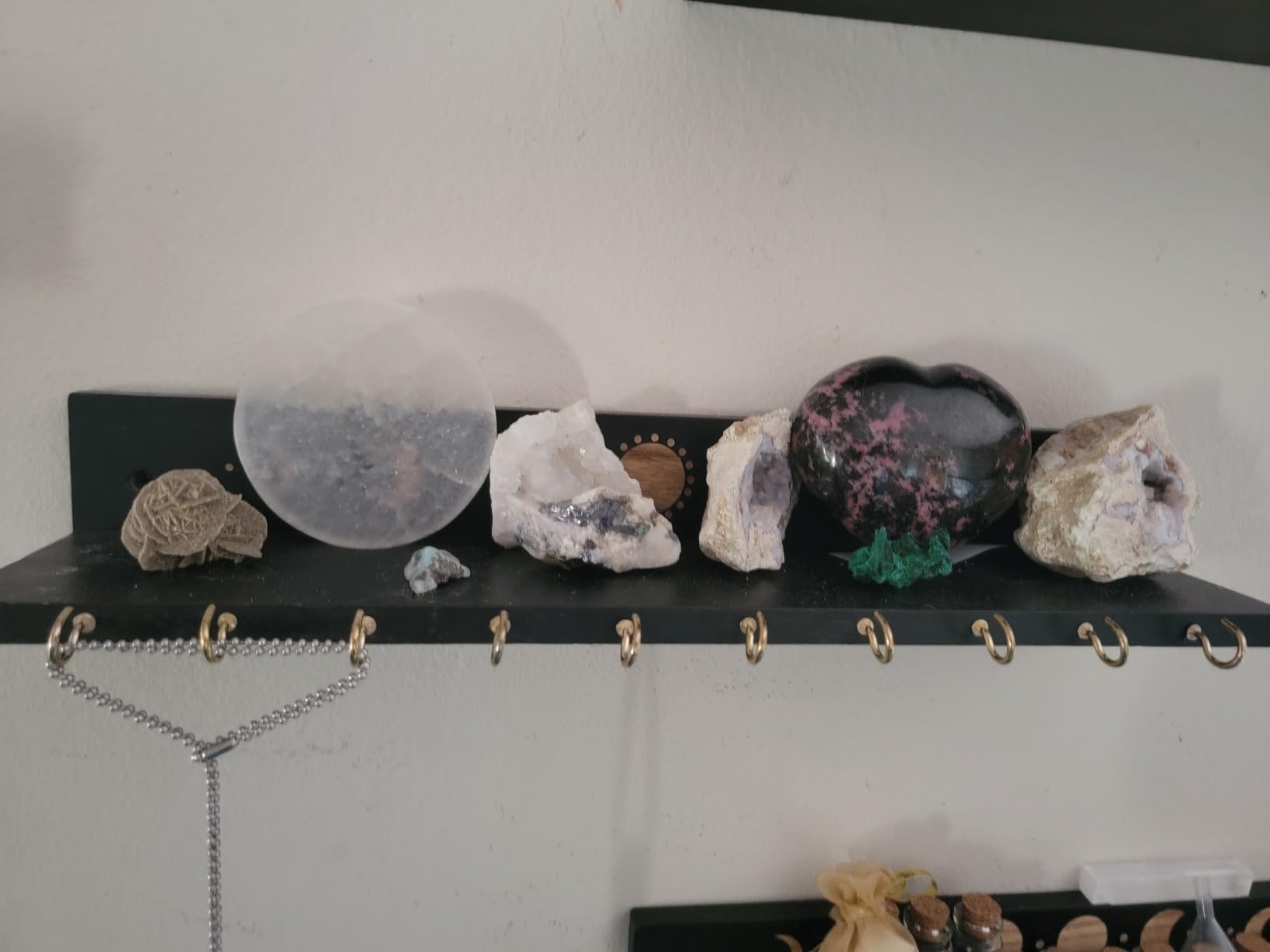 Crystal Shelf with Hooks Set of 3, Moon Shelf Display Wall Mount, Wood Floating Shelves for Celestial Decor and Room Decor, Crystal Display Shelf Holder for Stones, Essential Oils (Black) customer photo 1