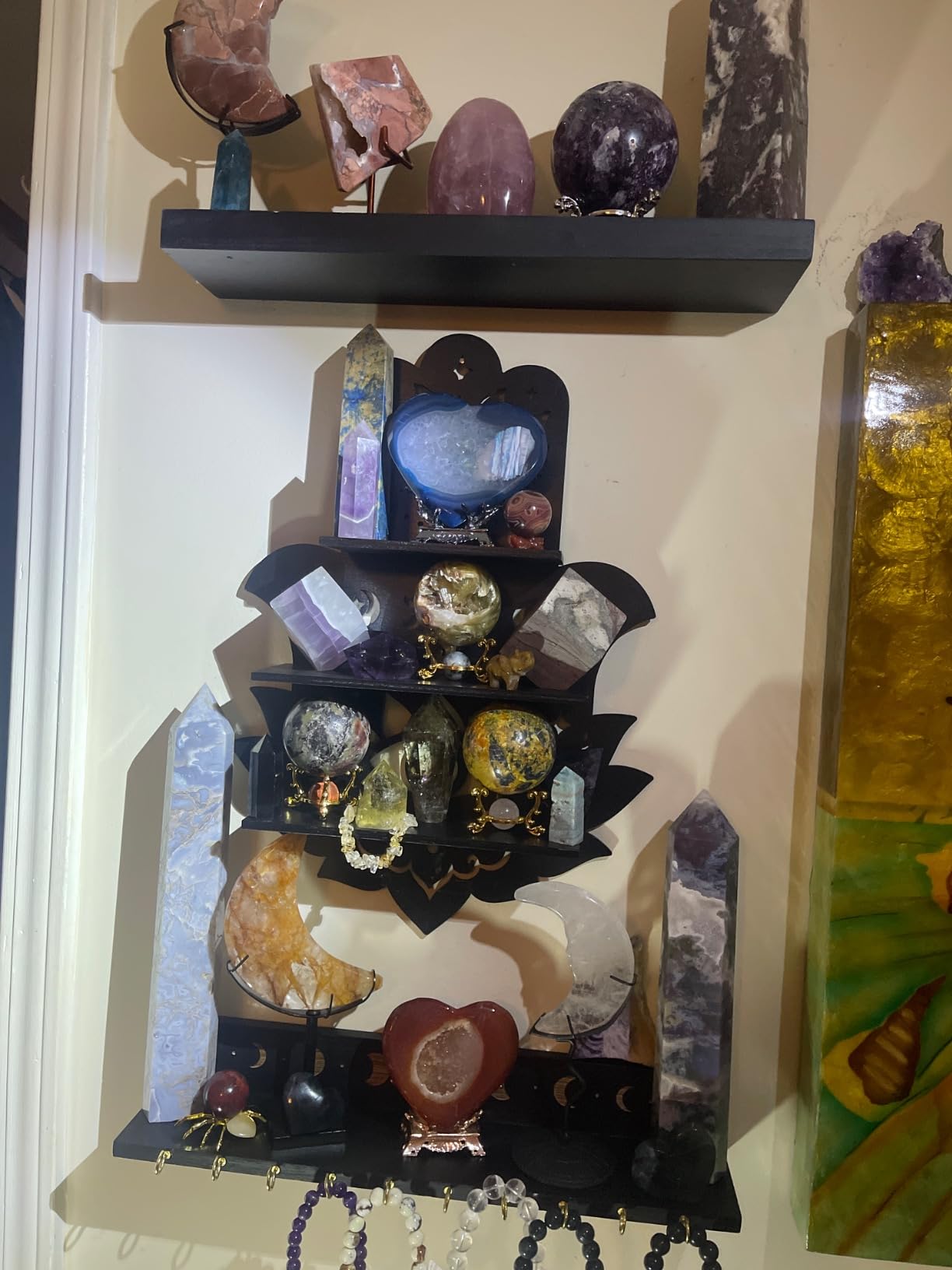 Crystal Shelf with Hooks Set of 3, Moon Shelf Display Wall Mount, Wood Floating Shelves for Celestial Decor and Room Decor, Crystal Display Shelf Holder for Stones, Essential Oils (Black) customer photo 2