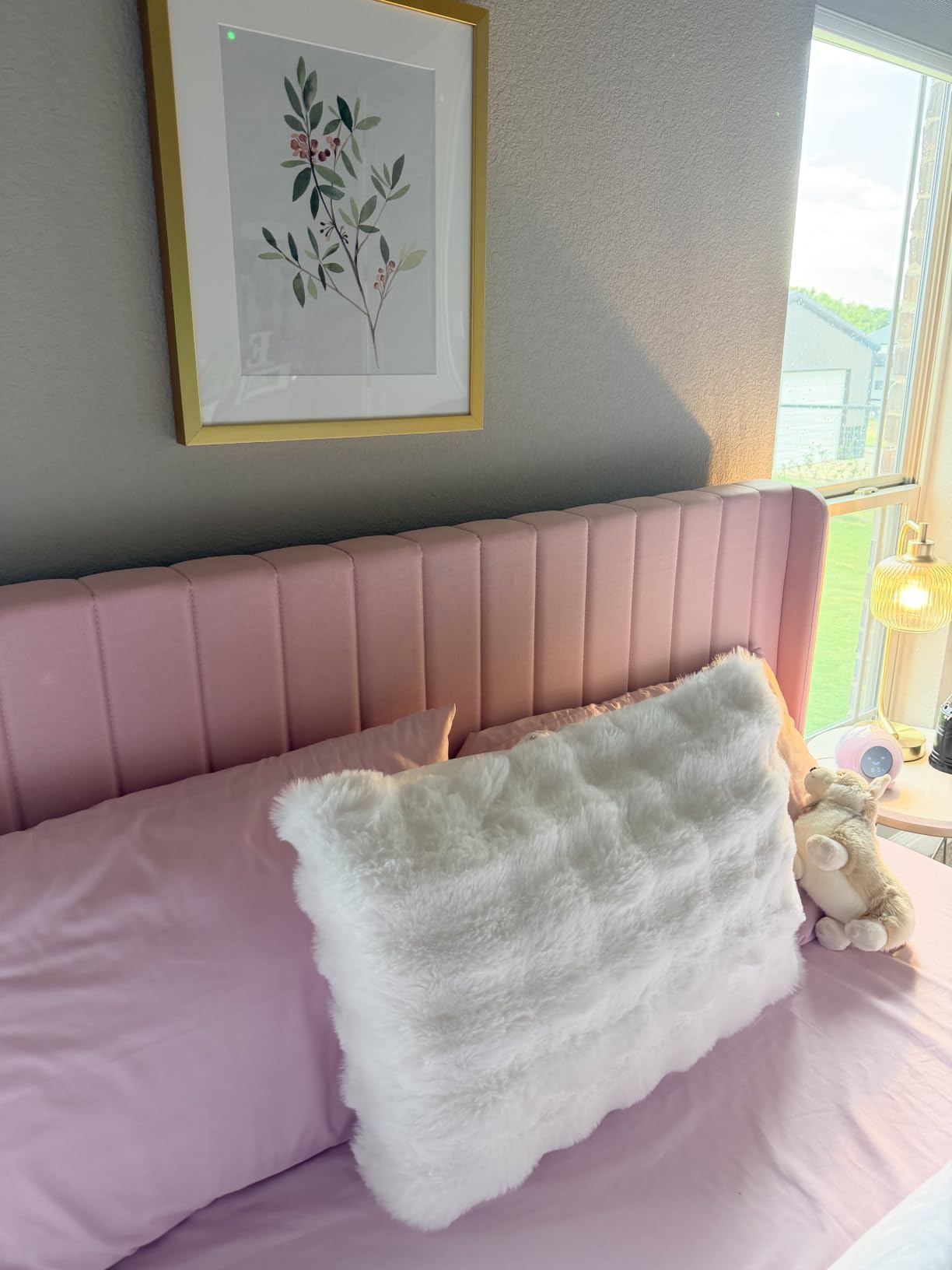 Yaheetech Queen Bed Frame with Headboard, Ivory Channel-Tufted Platform customer photo 2
