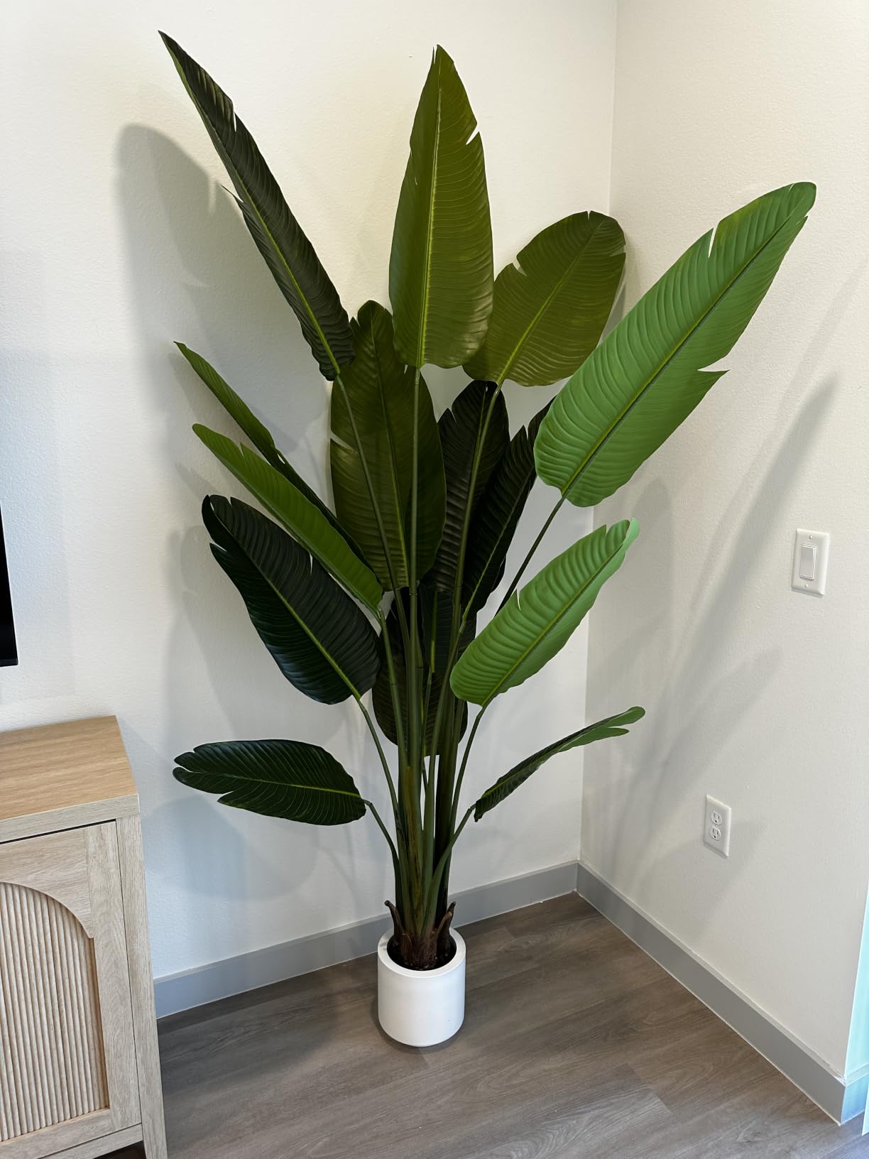 Artificial Bird of Paradise Plant 6.5Ft Tall Fake Tropical Palm Tree Large Fake Plants with 15 Silk Banana Leaves Faux Plant Indoor Decor Trees White Pot for Home Bedroom Living Room Office customer photo 2
