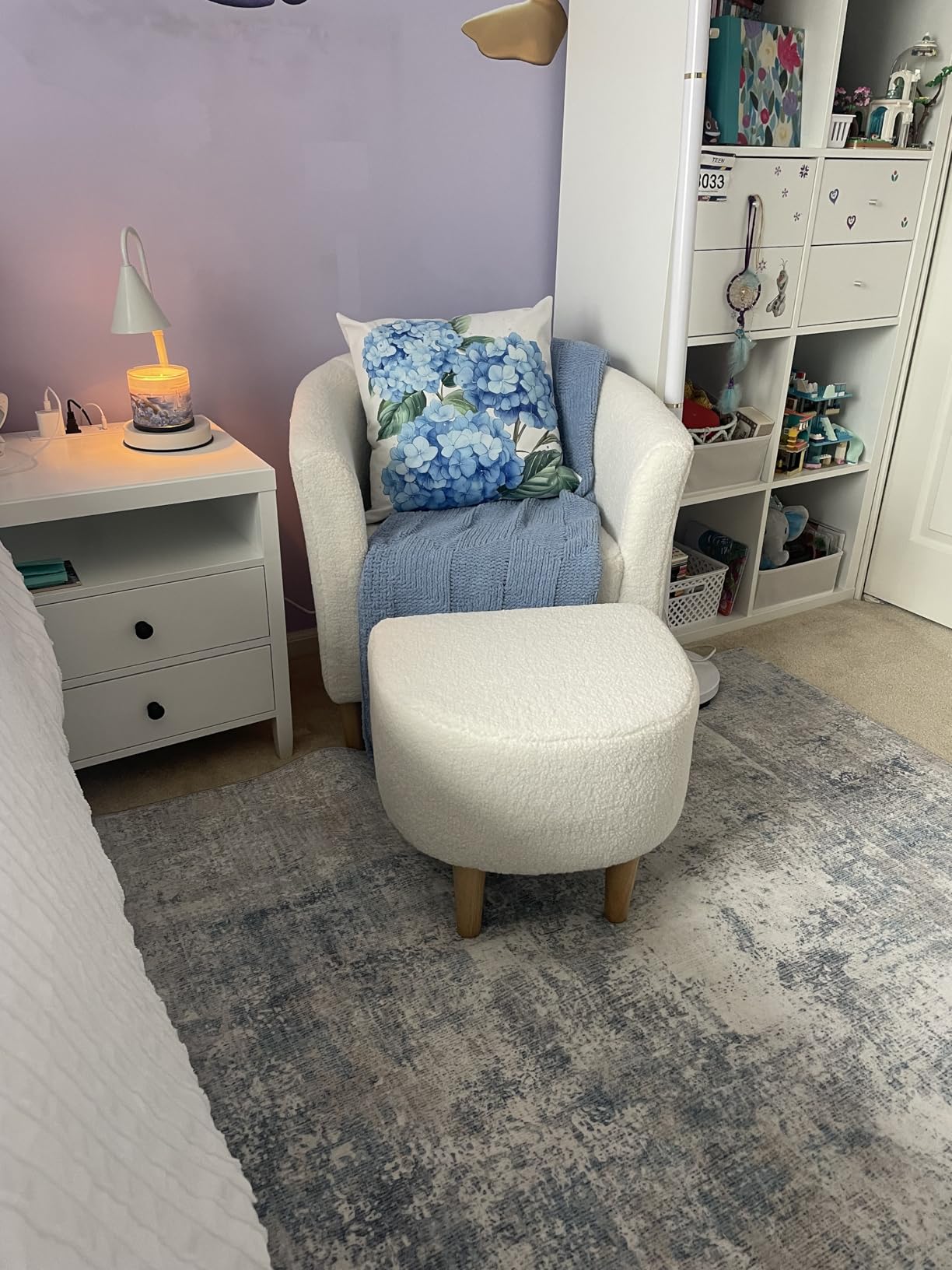 DAZONE Sherpa Accent Chair with Ottoman White Fluffy Teddy Barrel Armchair customer photo 1