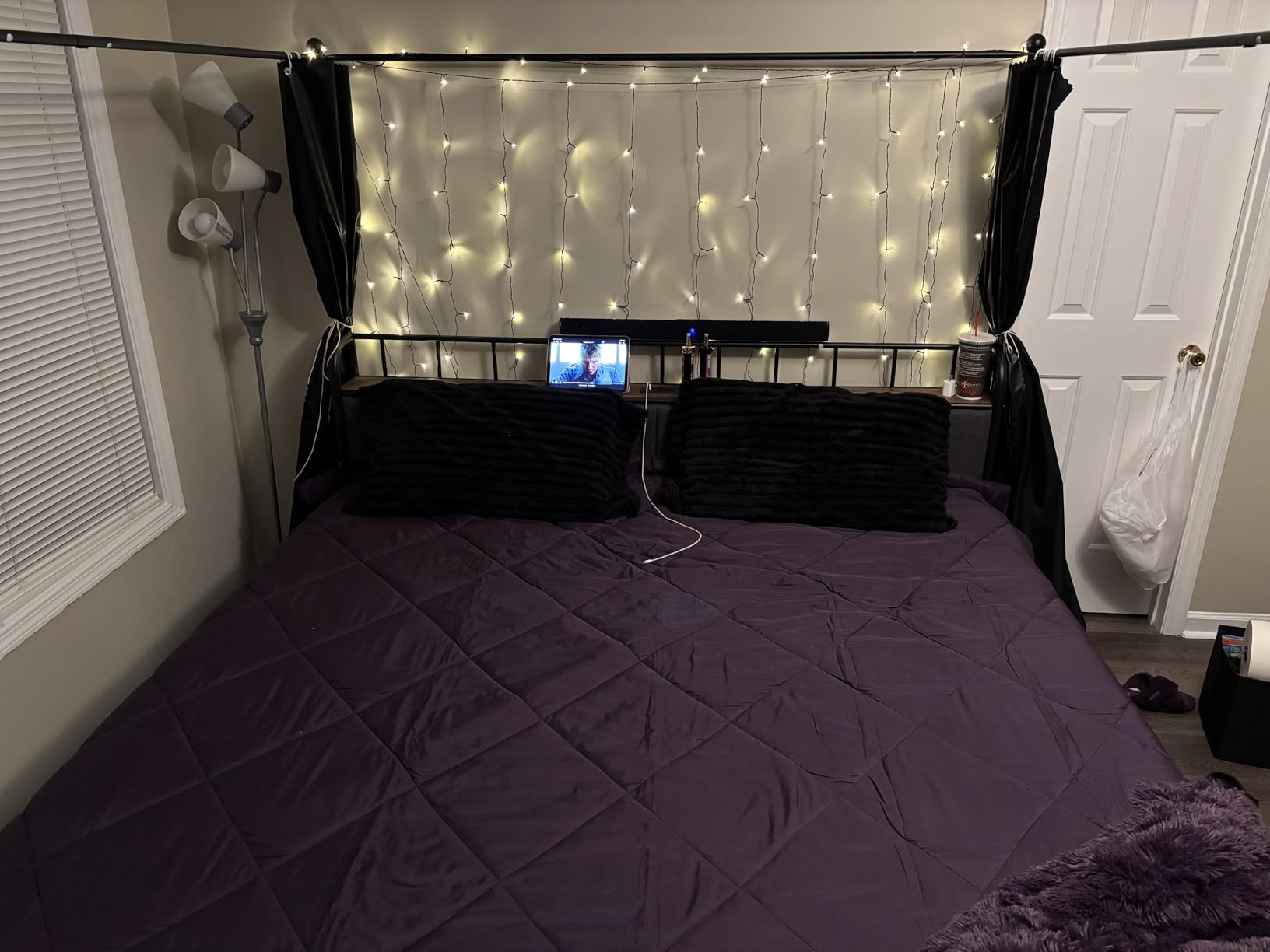LIKIMIO Queen Canopy Bed Frame, Storage Headboard with Charging Station customer photo 2