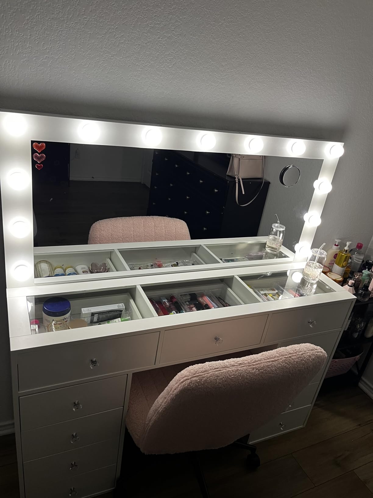 Yanosaku Vanity Desk & Power Outl, Makeup Vanity with Mirror and 12 LED Lights, Makeup Table with 11 Drawers, Vanity Table with Chair,Set 3 Lighting Modes Brightness Adjustable-(White) customer photo 1