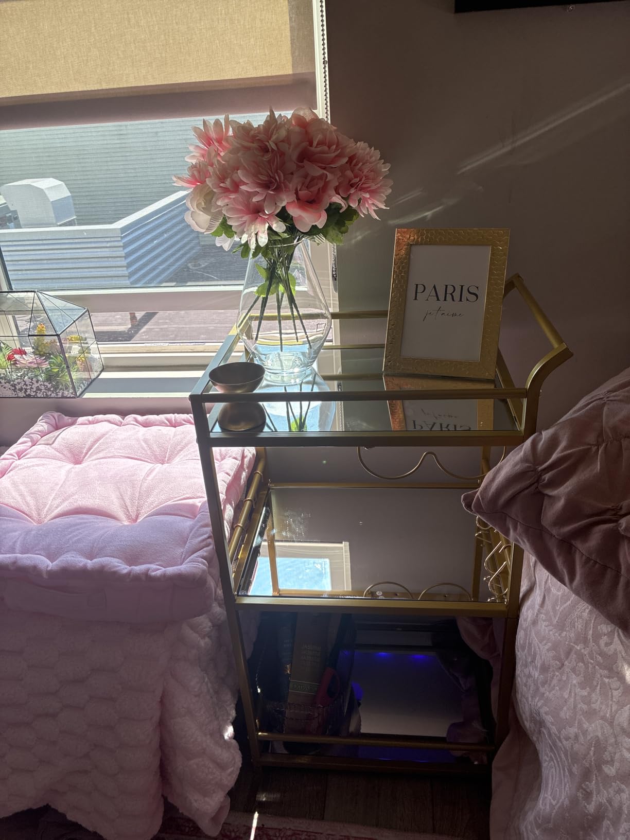 TUTOTAK Gold Bar Cart with 3 Mirrored Shelves, Wine Rack & Glass Holder customer photo 1