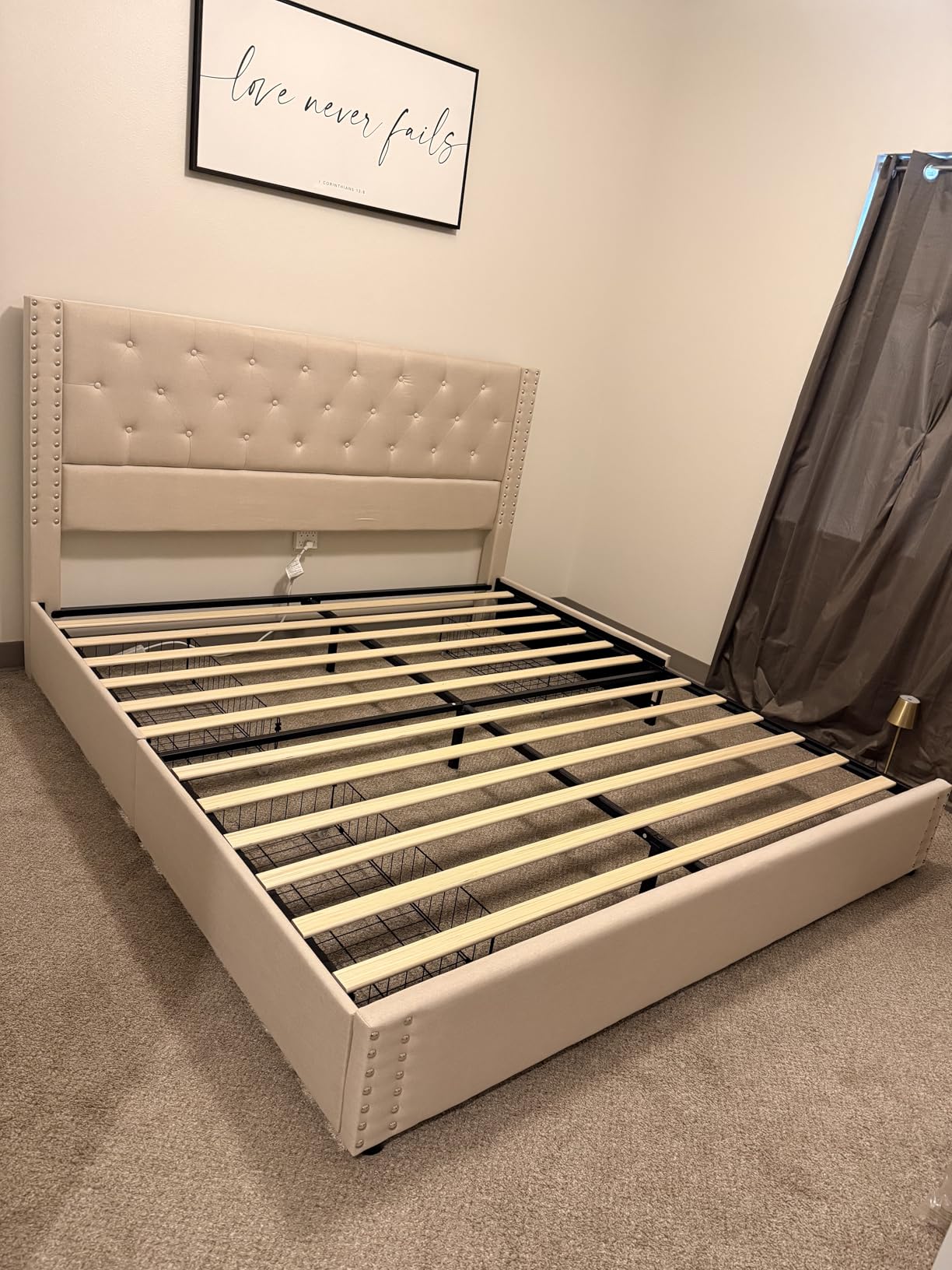 LARMACE King Size Bed Frame with 4 Storage Drawers and Tufted Headboard Linen Upholstered Platform Bed Frame with Heavy Duty Wood Slats, No Box Spring Needed, Easy Assembly, Beige customer photo 1