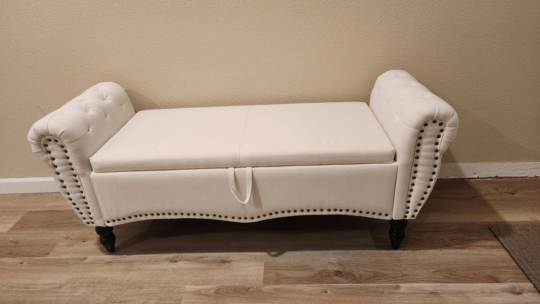 Furniliving Storage Ottoman Bench, Leather Benches End of Bed Bench with Solid Wood Legs Upholstered Ottoman Bench with Storage Indoor Bench for Living Room with Rolled Arm, Entryway, YellowBrown customer photo 1