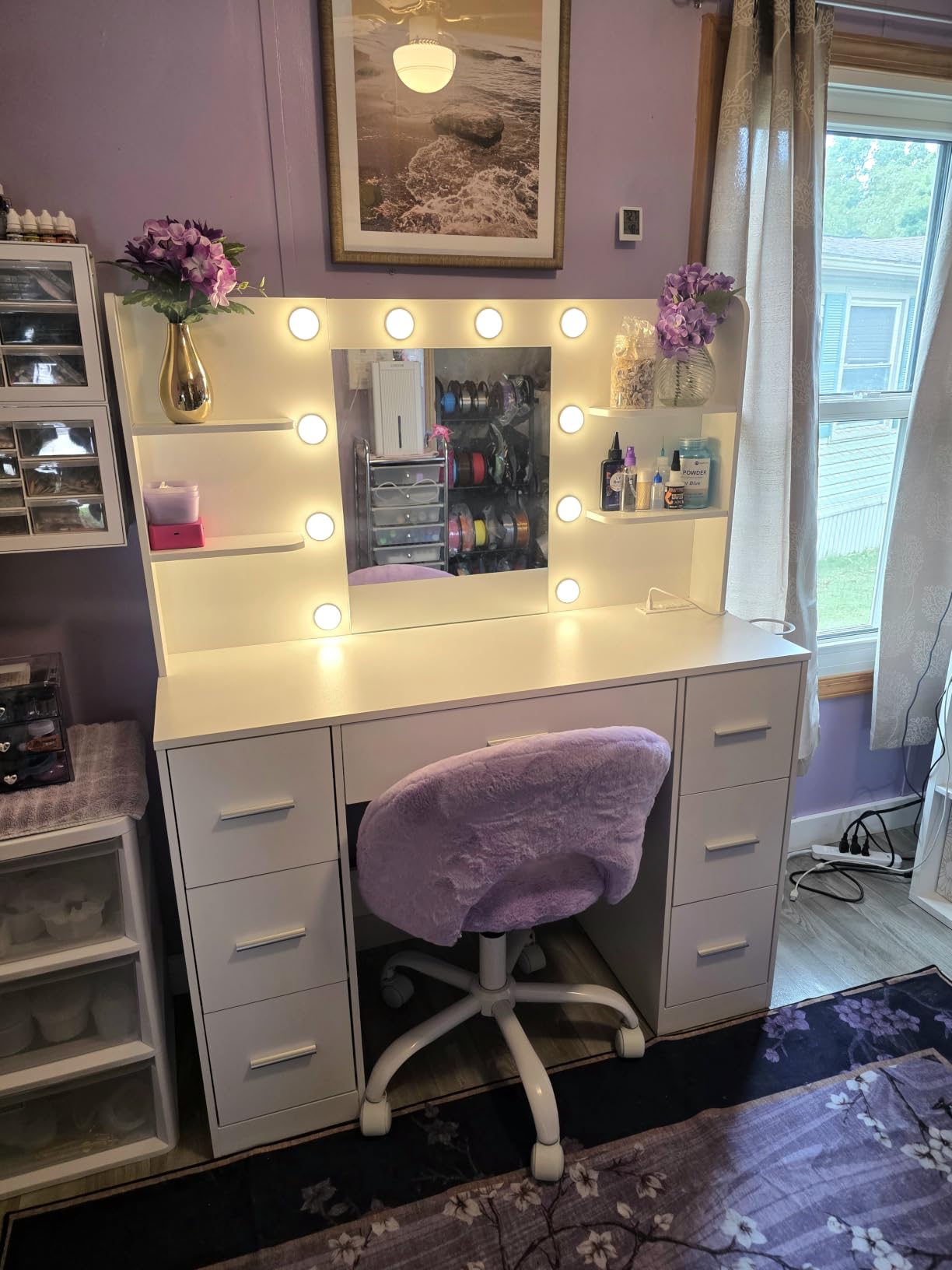 Furmax Vanity Desk with LED Mirror,Power Outlet,7 Drawers Makeup Table customer photo 2