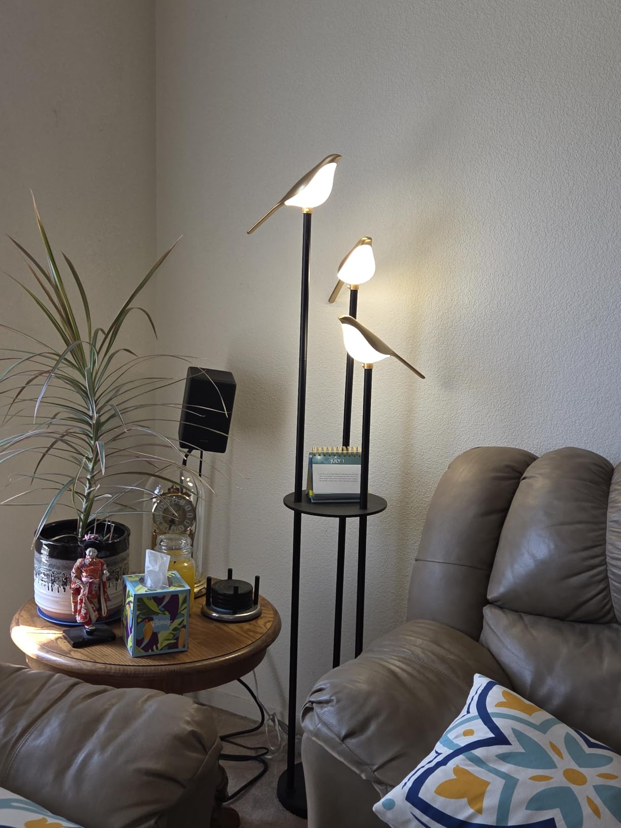 Gold Floor Lamps for Living Room, Modern Floor Lamp with Shelves, Mid Century Standing Lamp with 3 Adjustable LED Bird Lights, Corner Tall Lamp with Table, Brass Stand up Lamp for Bedroom Kids Room customer photo 1