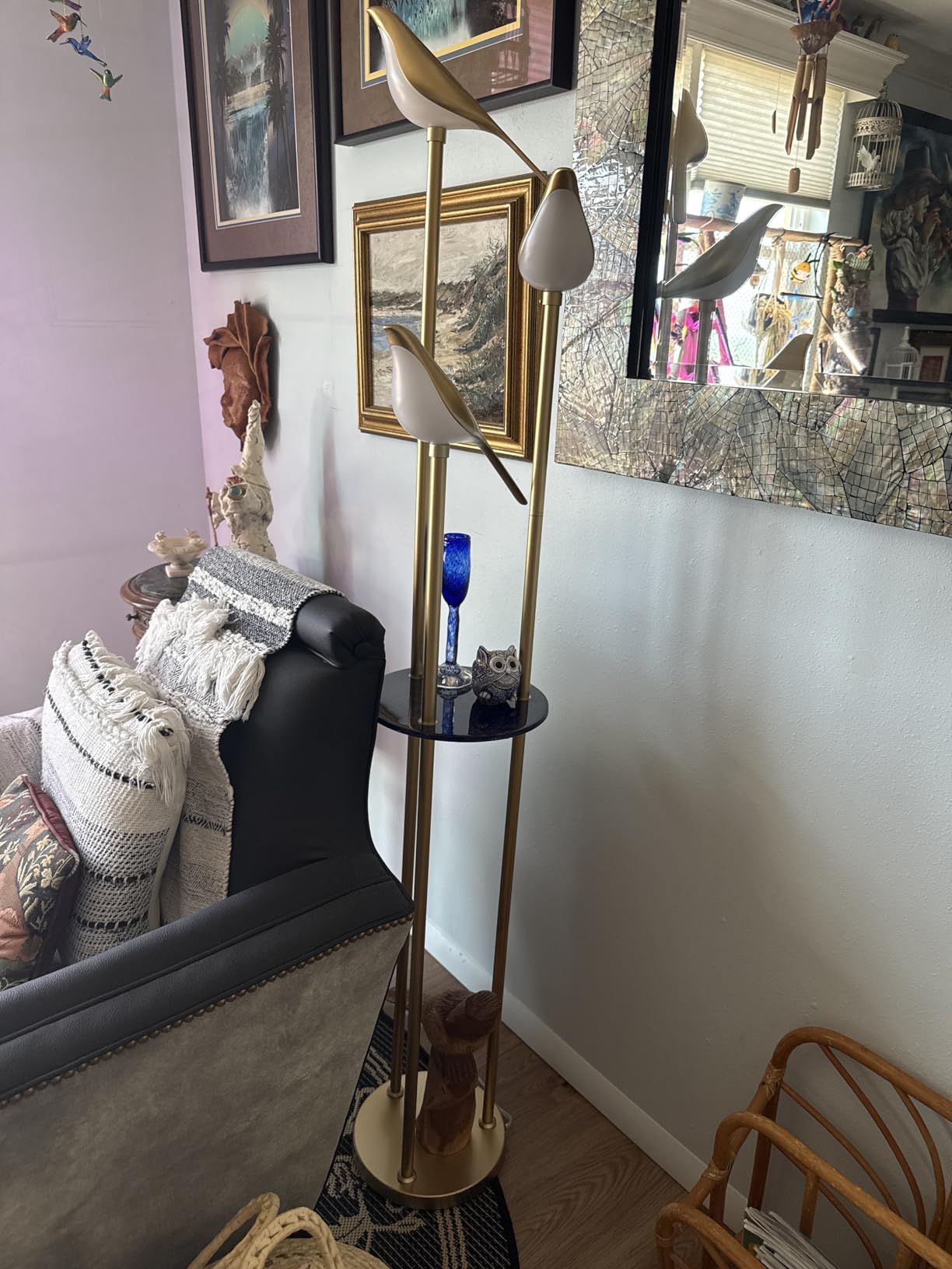 Gold Floor Lamps for Living Room, Modern Floor Lamp with Shelves, Mid Century Standing Lamp with 3 Adjustable LED Bird Lights, Corner Tall Lamp with Table, Brass Stand up Lamp for Bedroom Kids Room customer photo 2