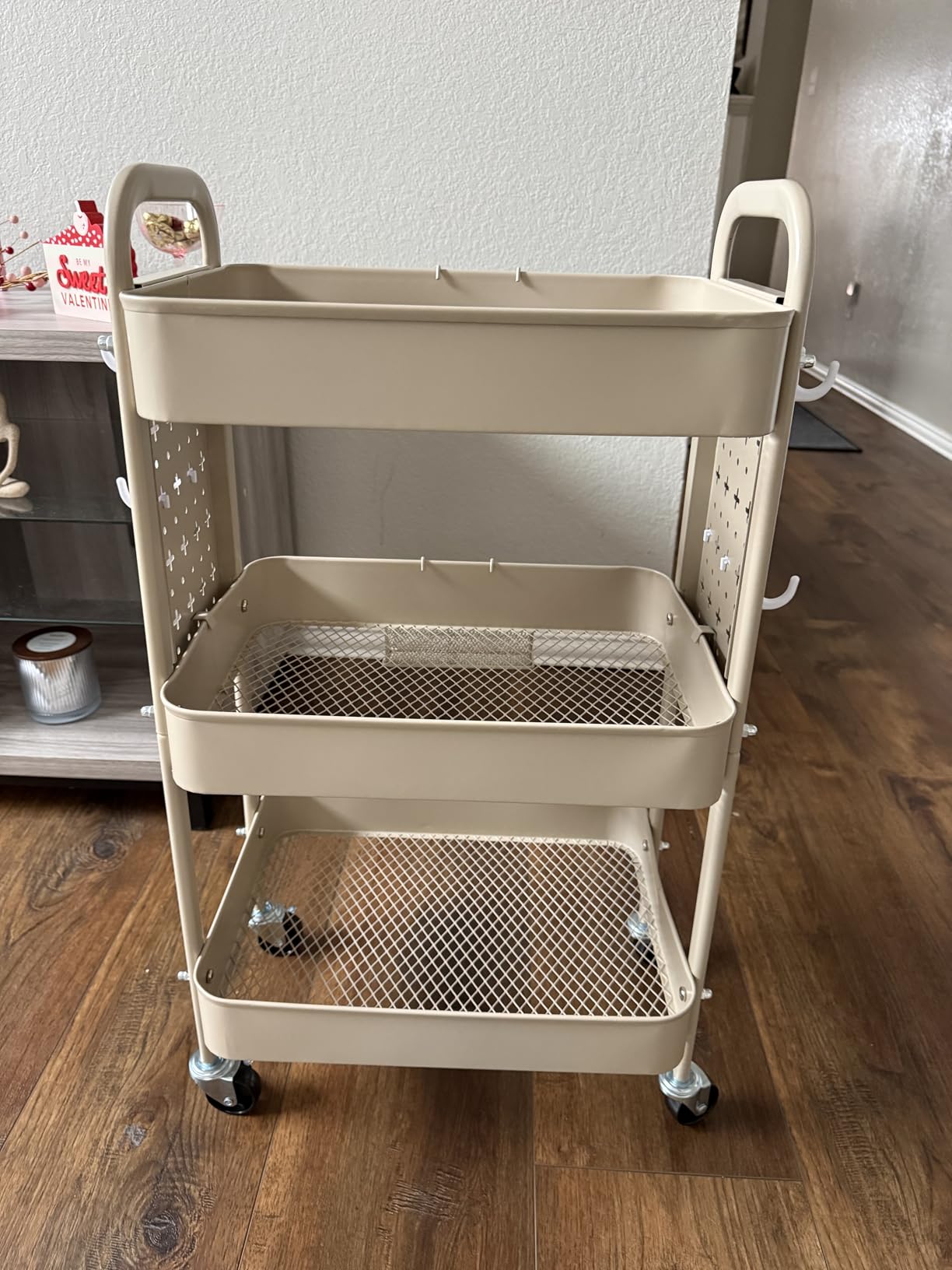 ALVOROG 3 Tier Metal Rolling Utility Cart with Pegboards,Baskets,Hook,Khaki customer photo 1