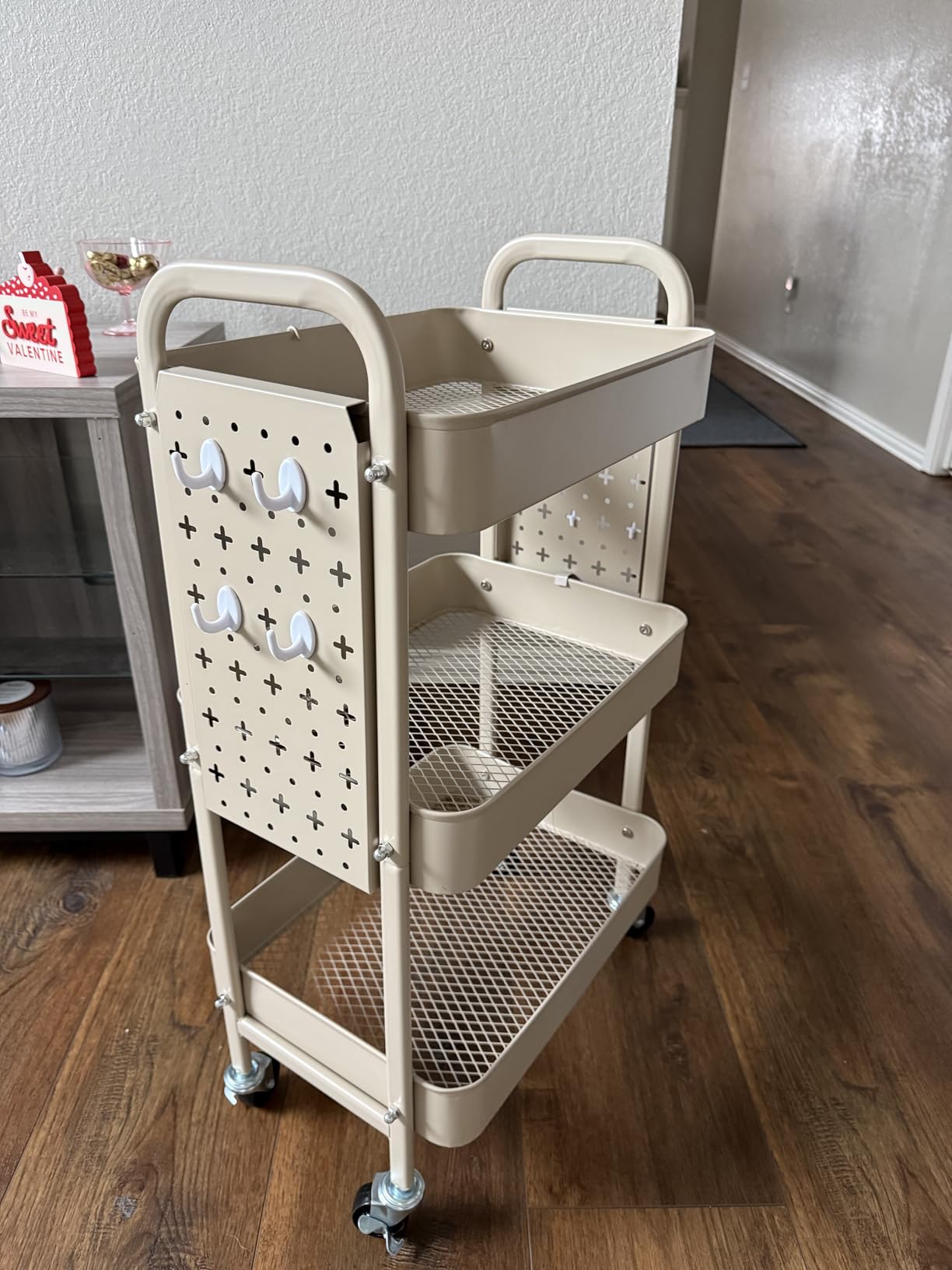 ALVOROG 3 Tier Metal Rolling Utility Cart with Pegboards,Baskets,Hook,Khaki customer photo 2