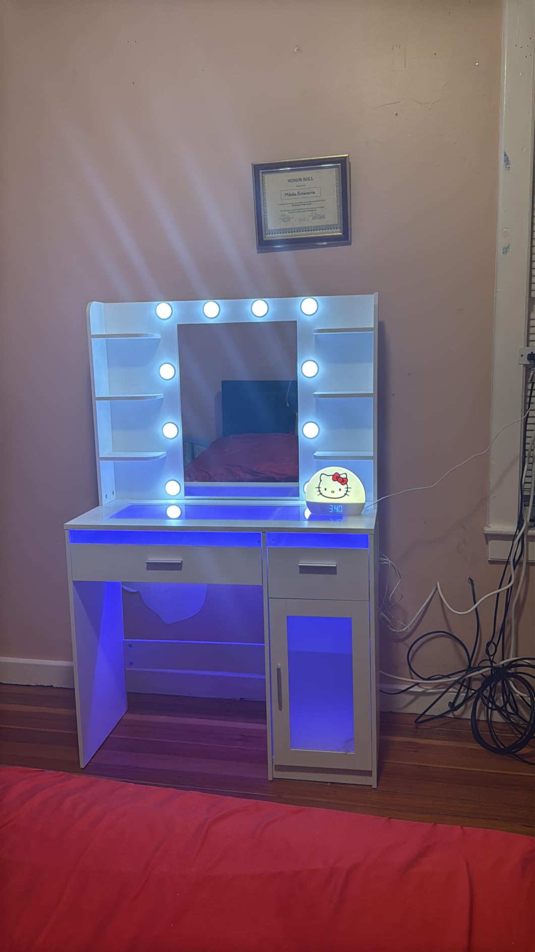 HUAHUU Vanity Desk with Mirror and Lights, Makeup Vanity Desk with Lights 3 Colors, Transparent Top Vanity with 2 RGB Drawers, 6 Shelves, Large Tempered Cabinet, Power Outlet, for Bedroom, White customer photo 2