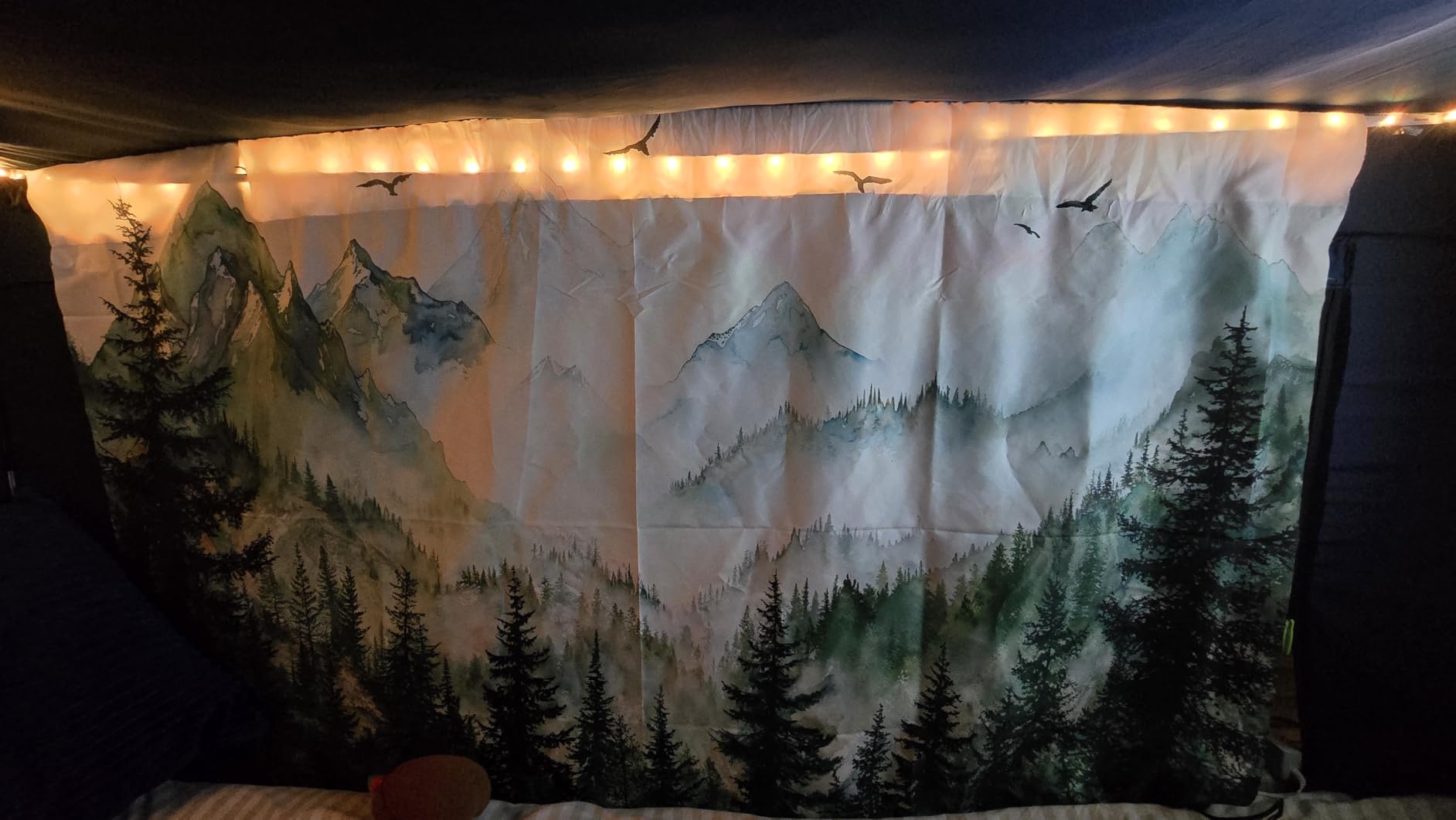 Zussun Misty Forest Mountain Tapestry Sage Green Nature Pine Tree Tapestry for Bedroom Aesthetic Watercolor Foggy Woodlands Birds Landscape Tapestries Wall Hanging for Living Room Dorm 48 x 36 Inch customer photo 1
