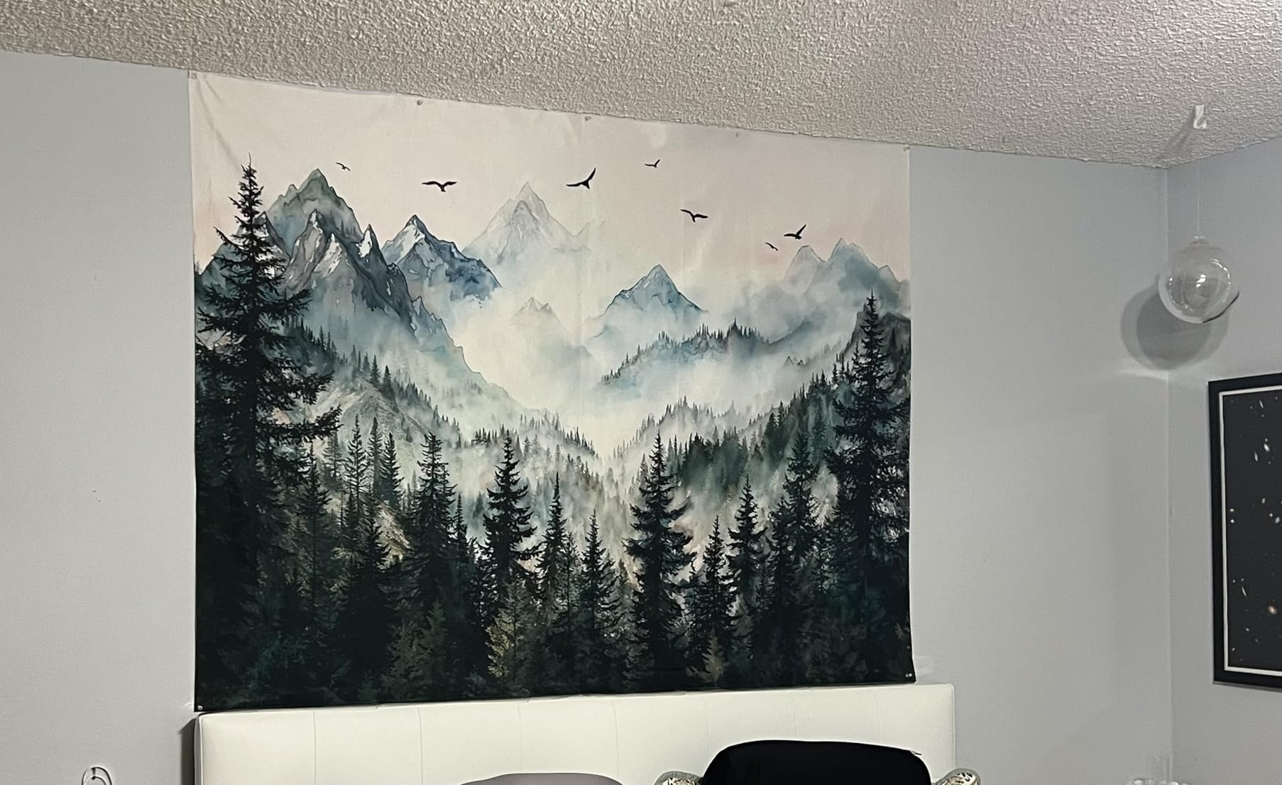 Zussun Misty Forest Mountain Tapestry Sage Green Nature Pine Tree Tapestry for Bedroom Aesthetic Watercolor Foggy Woodlands Birds Landscape Tapestries Wall Hanging for Living Room Dorm 48 x 36 Inch customer photo 2