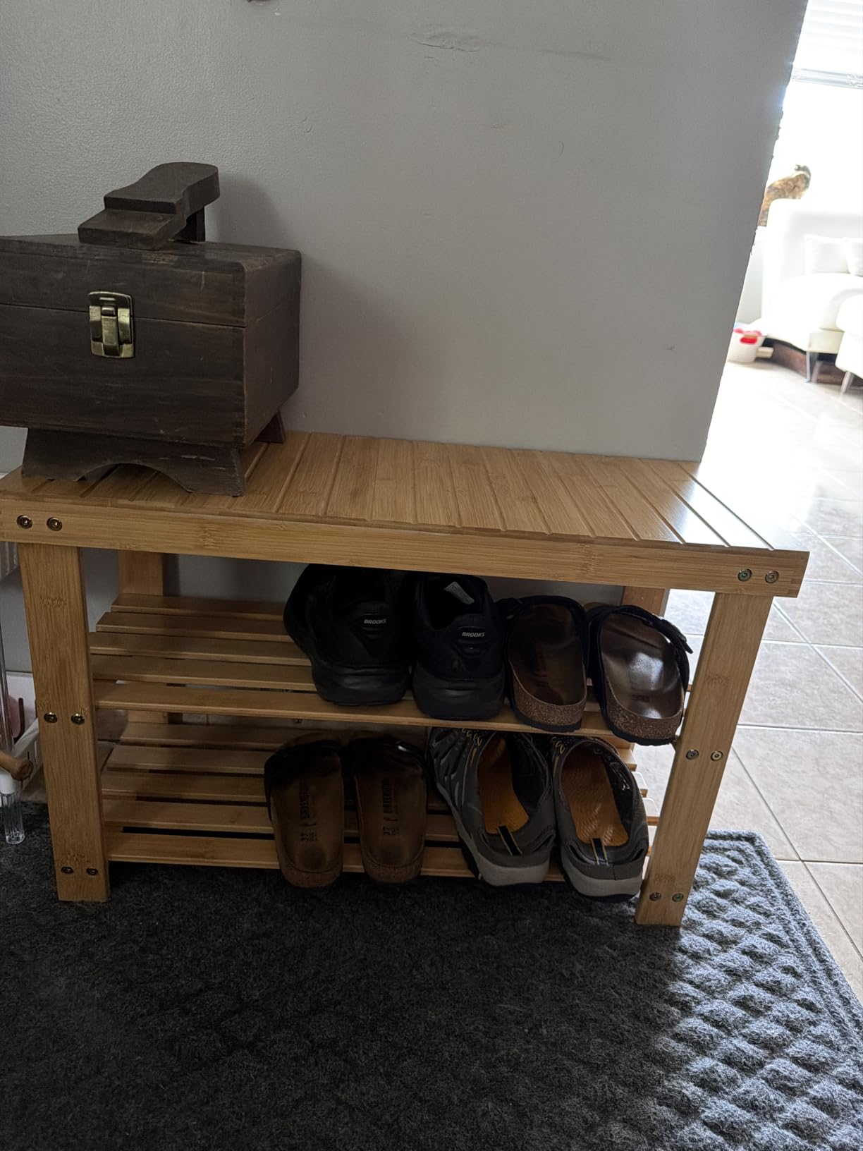 SONGMICS Shoe Rack Bench, 3-Tier Bamboo Entryway Bench, 27.6 Inches Width customer photo 1