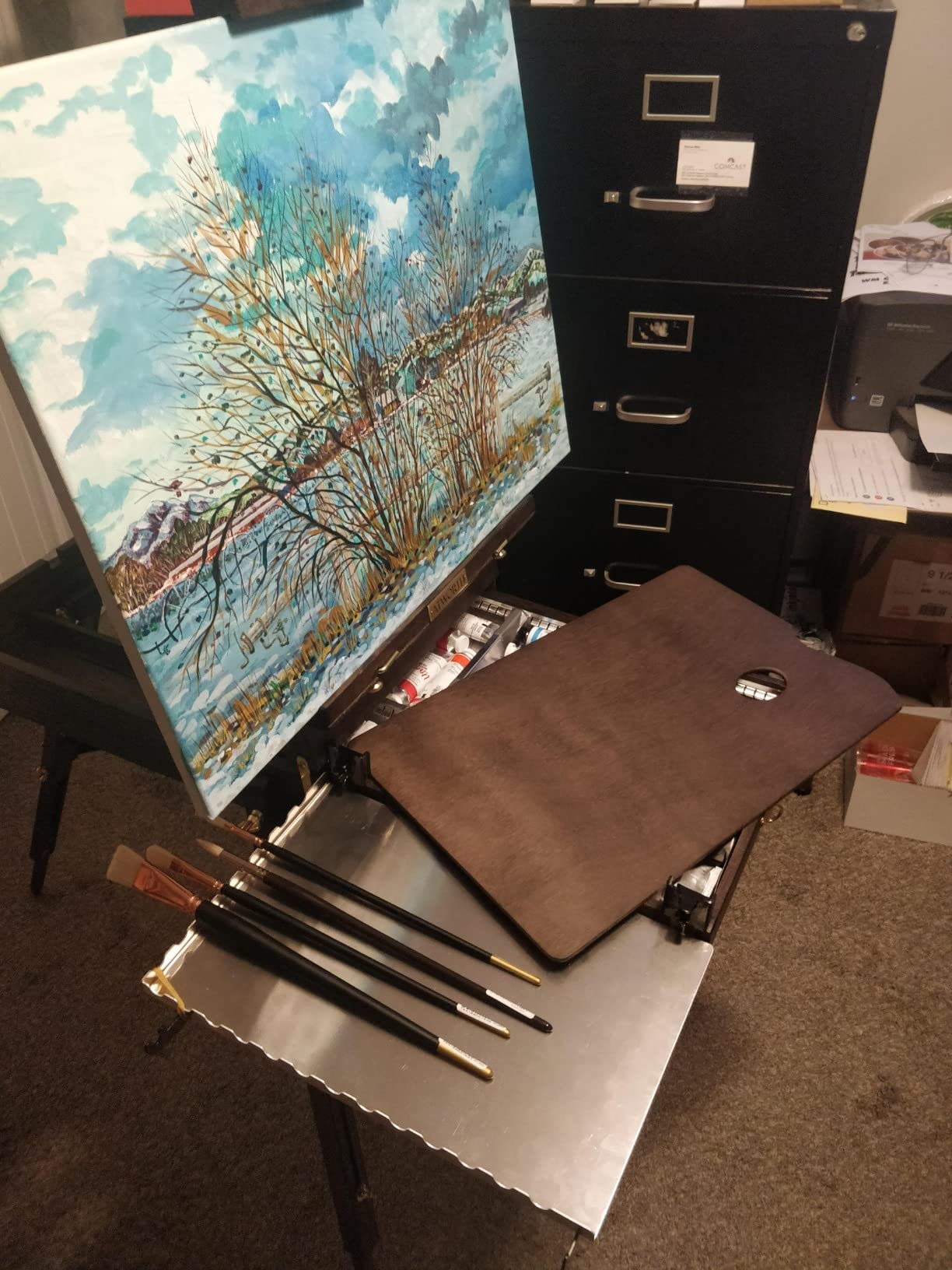 French Easel for Painting: Deluxe Beech Wood Plein Air Easel Stand with Metal Side Tray - Portable Sketchbox for Outdoor Field & Studio - Holds Canvas up to 34