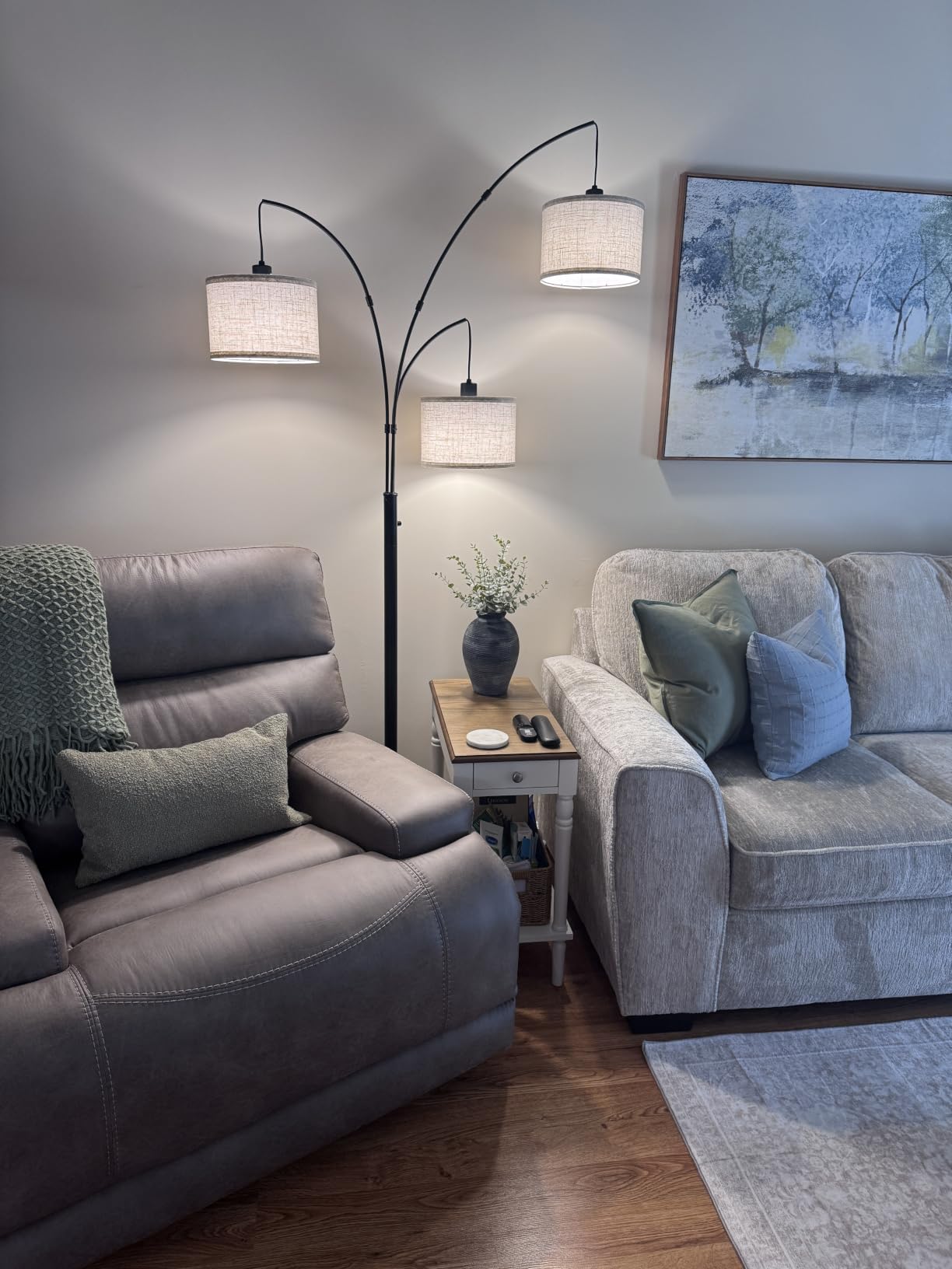 3 Light Arc Floor Lamp with Remote, Beige Shade Black Pole customer photo 1