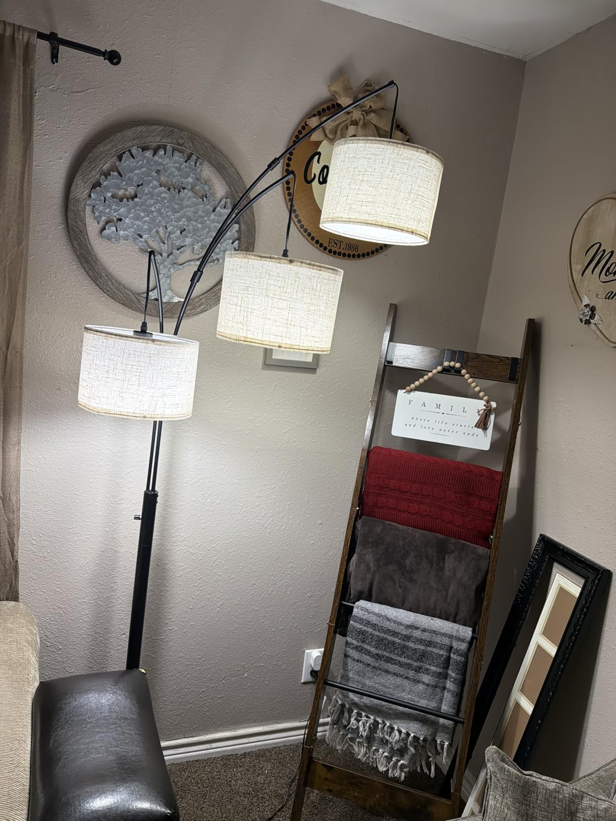 3 Light Arc Floor Lamp with Remote, Beige Shade Black Pole customer photo 2