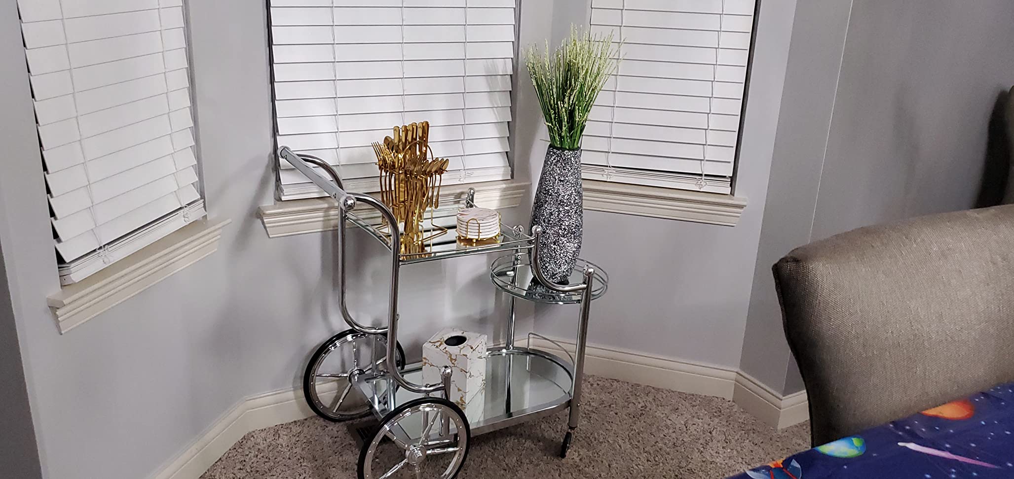 Tangkula Bar Cart, 3-Tier Rolling Home Bar Serving Cart with Mirrored Shelves & 4 Wheels, Mobile Beverage & Wine Cart for Kitchen, Dining Room, Living Room (Gold) customer photo 1