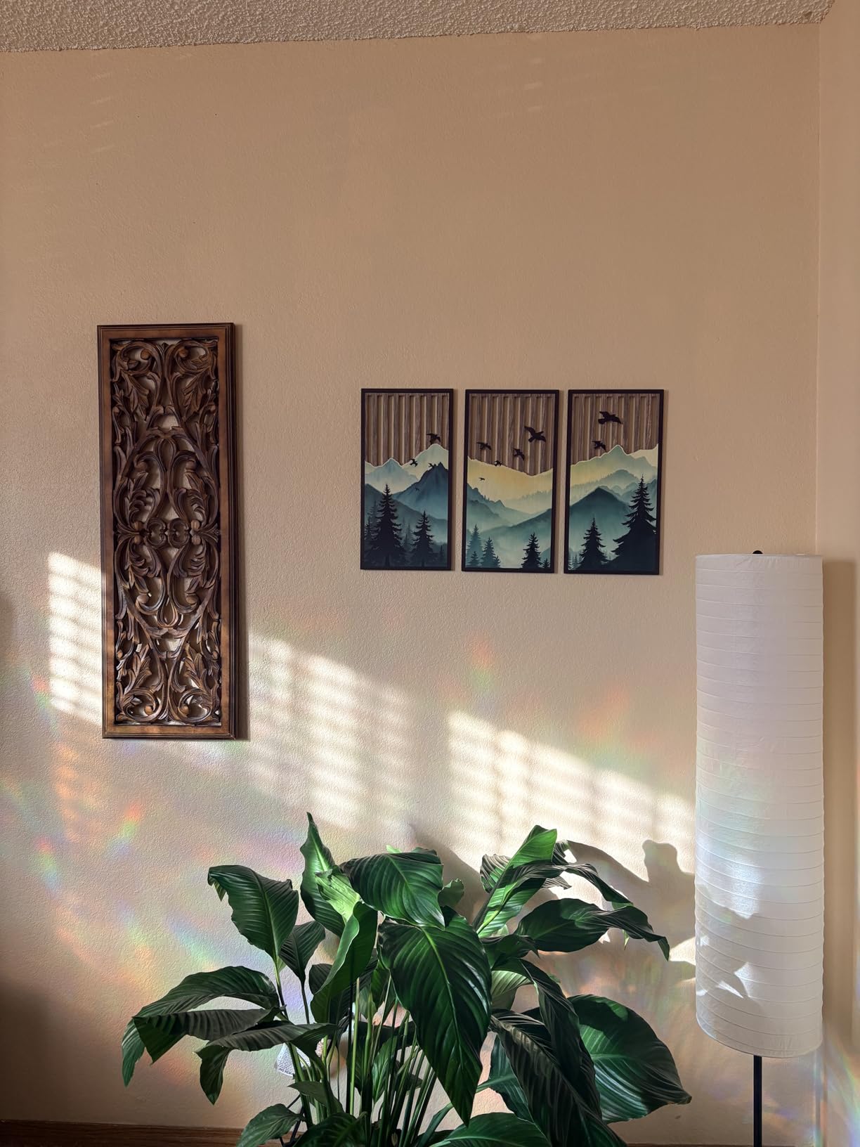 Putuo Decor Boho Mountain Wall Art Set of 3, Rustic Wooden Wall Decor, Nature-Inspired Geometric Artwork, Mid-Century Modern Aesthetic for Living Room, Bedroom, Office Brown 16.5 x 8.6 inch customer photo 2