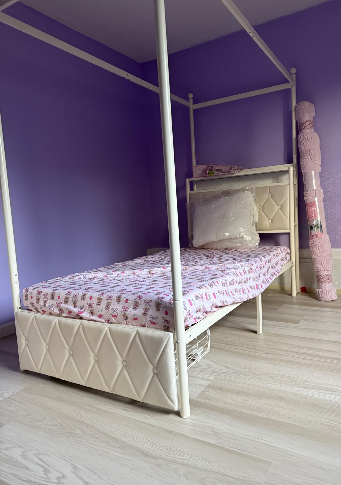 HIFIT Full Size LED Canopy Bed Frame with Storage & Charging Station, Beige customer photo 1