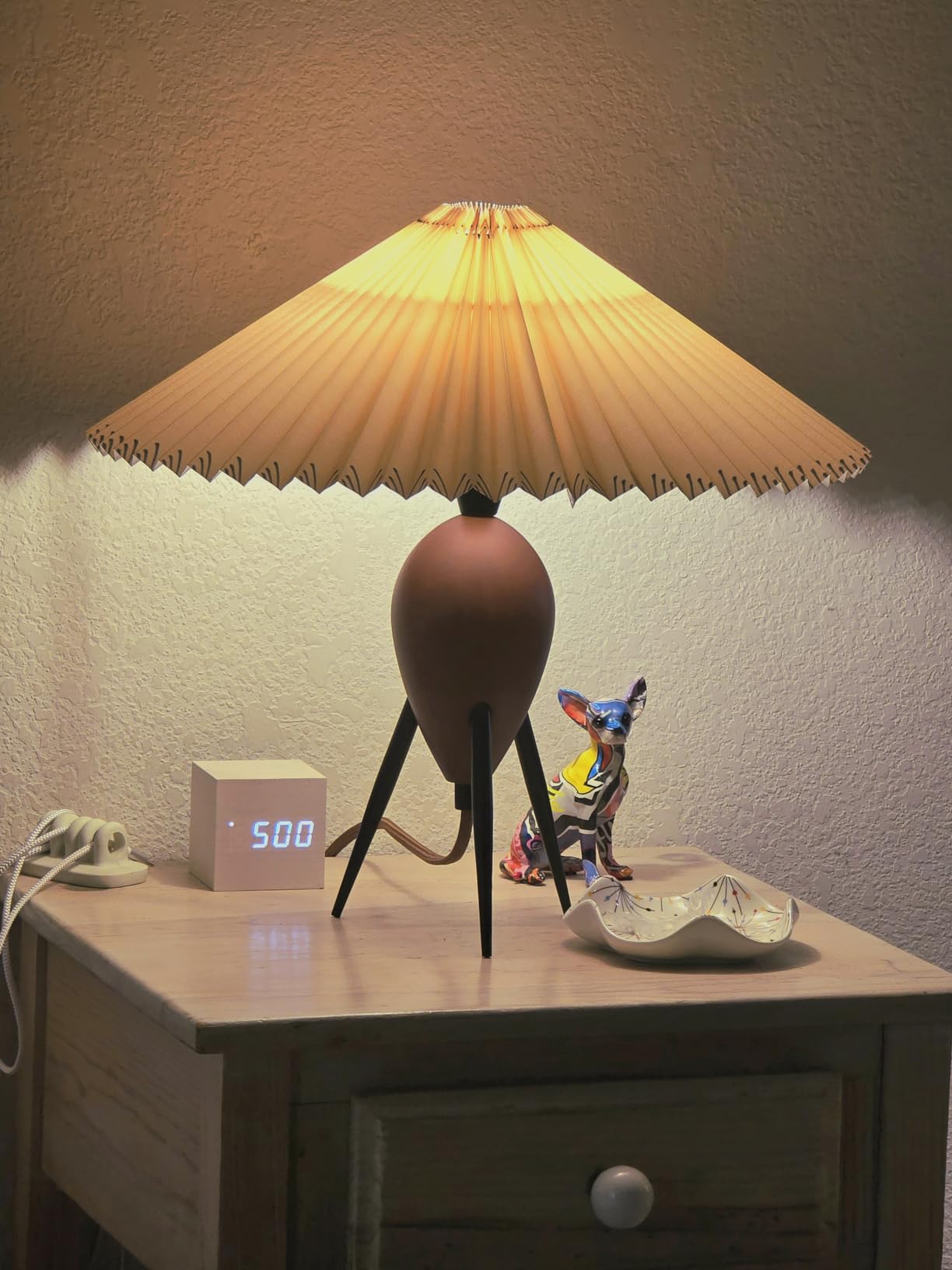 Japandi Zen Table Lamp, Red Solid Wood Tripod Base, Pleated Umbrella Shade customer photo 2