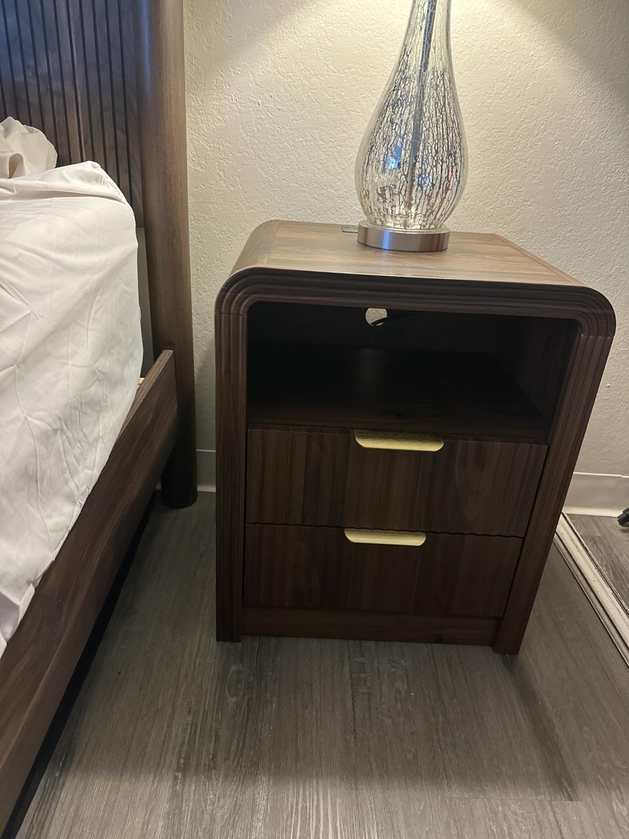 Decofy Fluted Nightstand with Charging Station, 2 Drawers, Oak customer photo 1