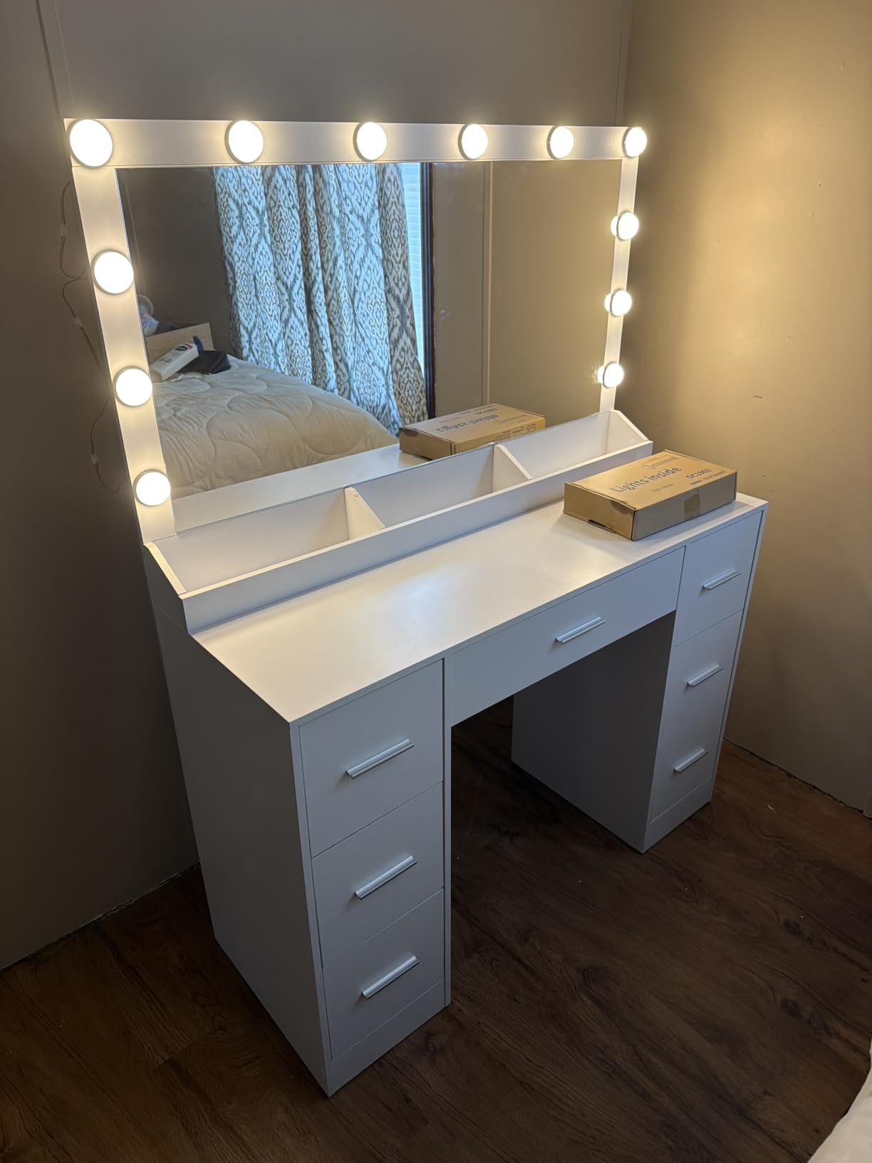 FIONESO Vanity with Large Mirror and 12 LED Lights, Vanity Desk with 7 Drawers & Hairdryer Holder, Makeup Vanity Desk with Charging Station for Women, Girls, 3 Lighting Color Adjustable, White customer photo 2