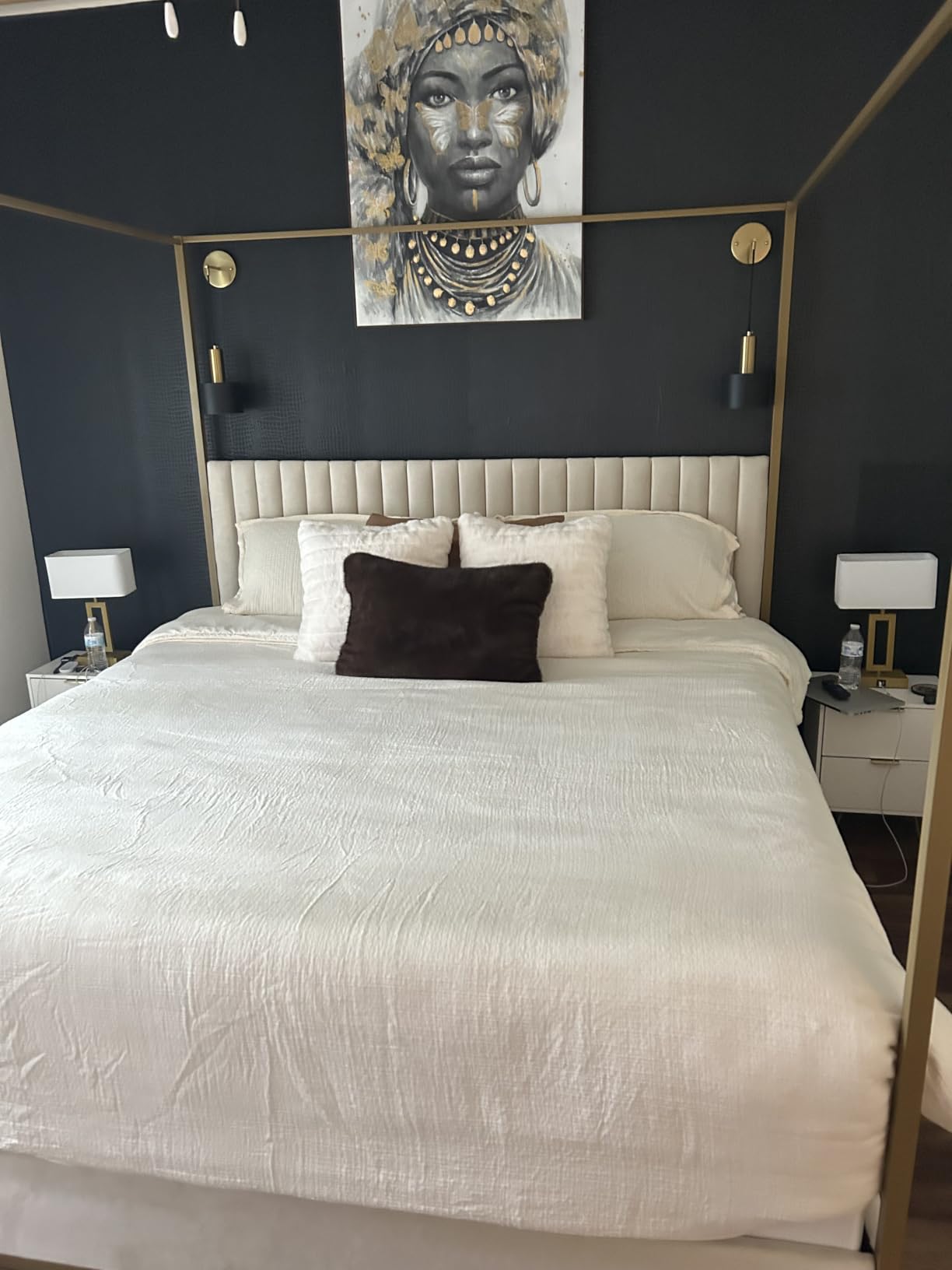 LUMISOL Queen Size Upholstered Canopy Bed, 4-Poster Platform Bed with Tall Headboard, Velvet Upholstered Canopy Bed with Metal Posts & Wood Slats Support, No Box Spring Needed, Black + White customer photo 2